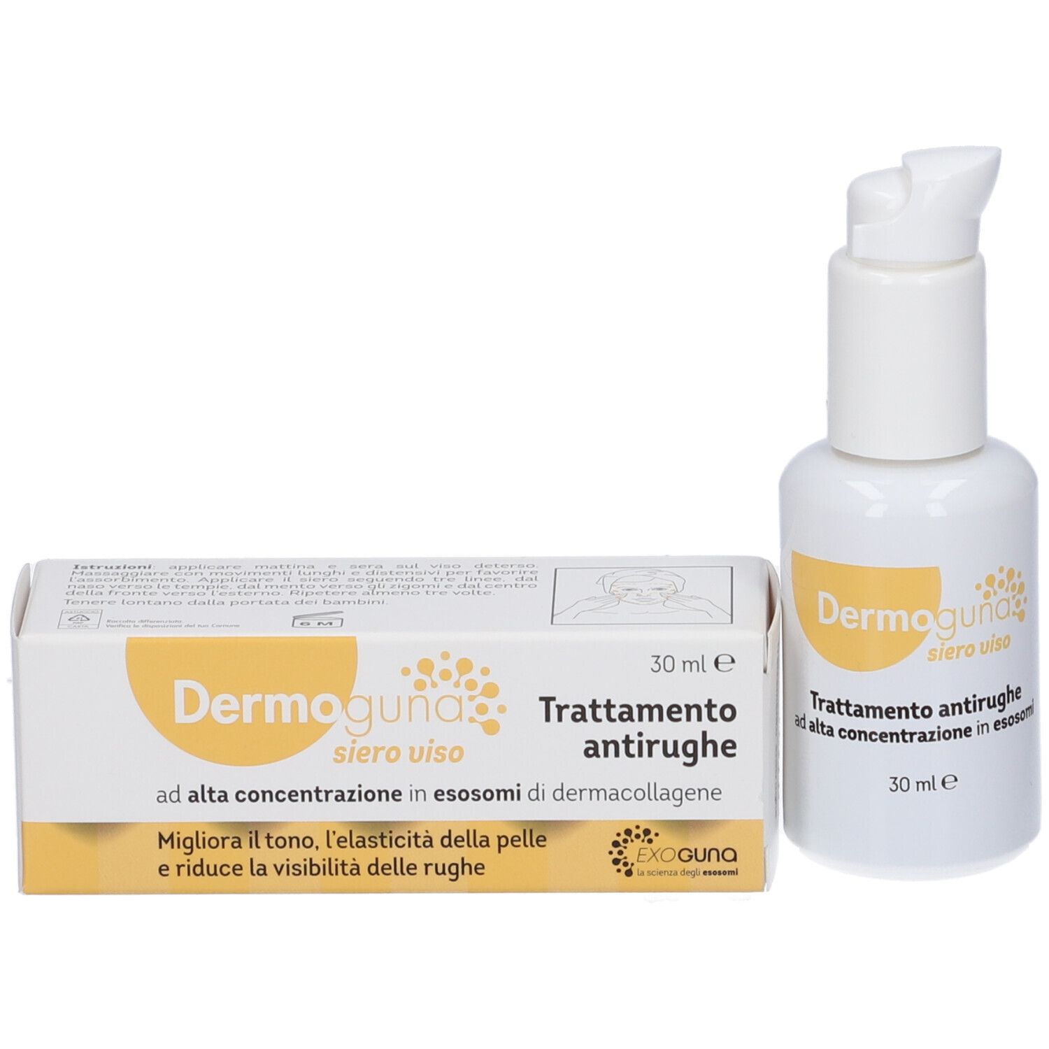 Flacone bianco con dosatore e scatola. Scritta Dermoguna Siero Viso Antirughe. 30 ml. Testo in italiano.