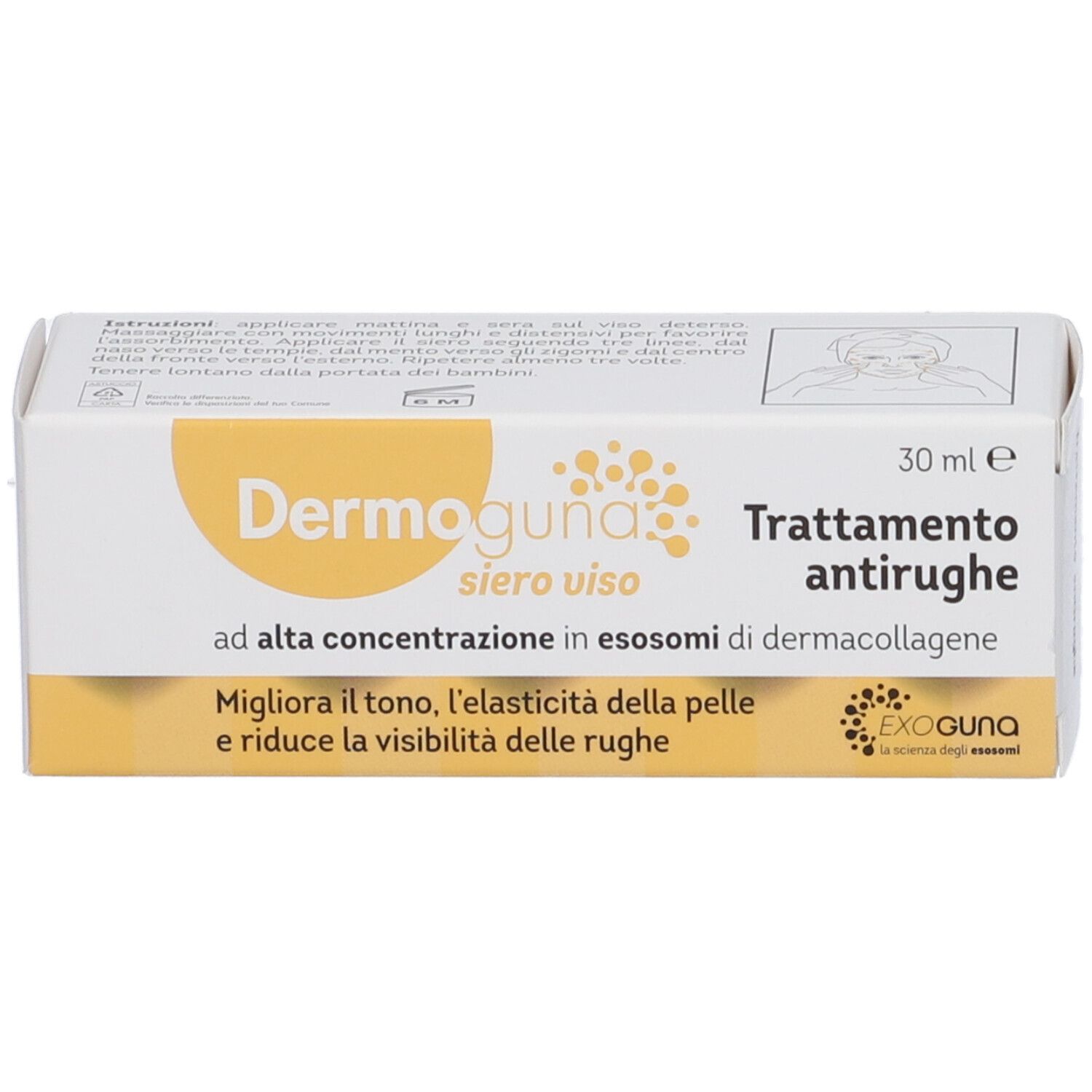 Scatola con scritta Dermoguna Siero Viso Antirughe. 30 ml. Testo in italiano. Cerchio giallo.