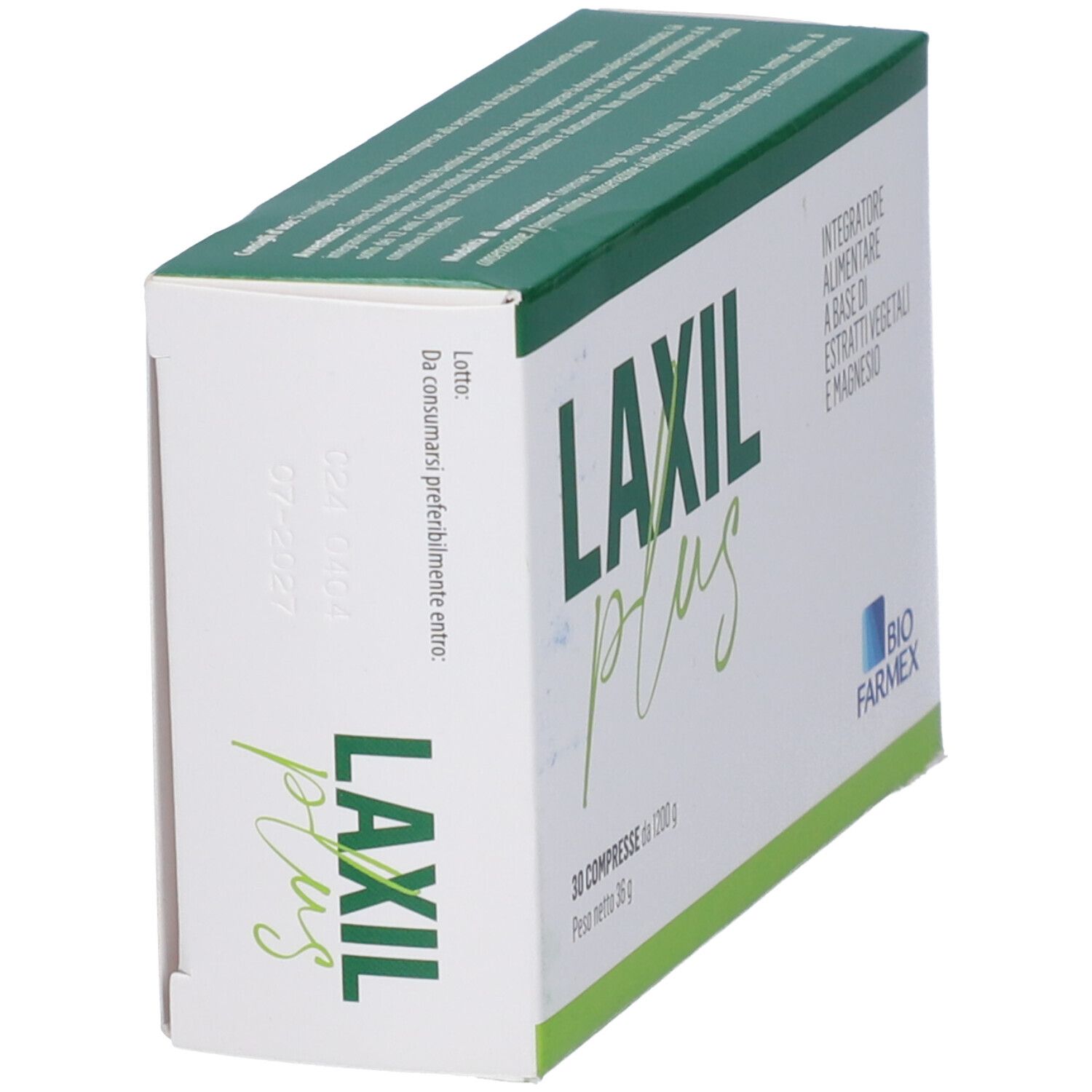 Scatola "LAXIL plus" in prospettiva. Testo: "Da consumarsi preferibilmente entro". Logo "BIO FARMEX".