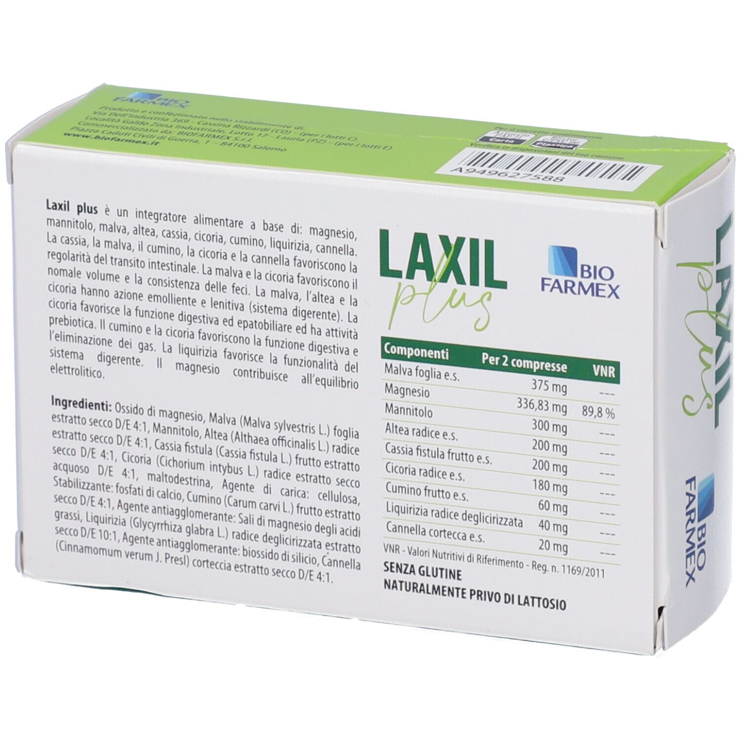 Retro della scatola "LAXIL plus". Ingredienti e informazioni nutrizionali. Logo "BIO FARMEX".