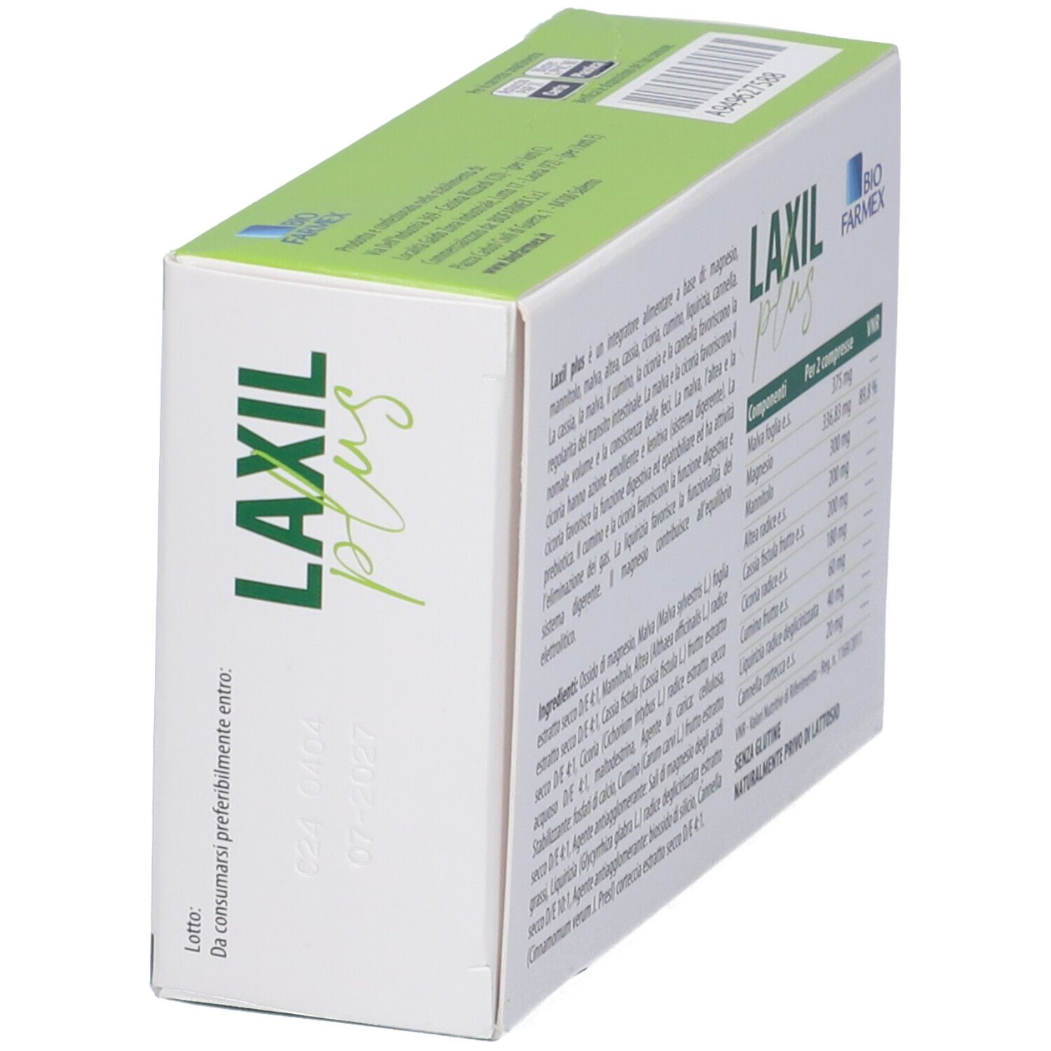 Scatola "LAXIL plus" in prospettiva. Retro con ingredienti. Logo "BIO FARMEX".