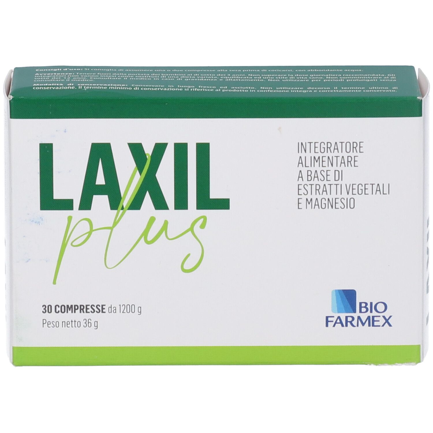 Scatola "LAXIL plus" con 30 compresse. Confezione verde e bianca. Logo "BIO FARMEX".