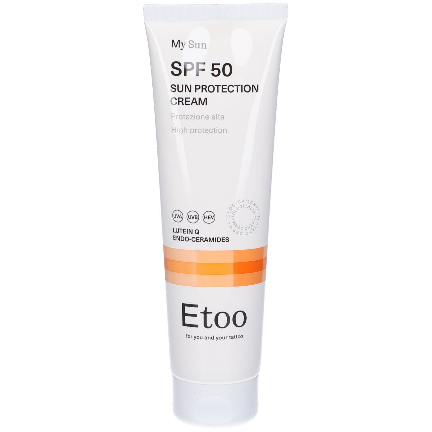 Tubo di crema solare SPF 50. Marchio Etoo. Contiene Luteina Q ed endoceramidi. Alta protezione.