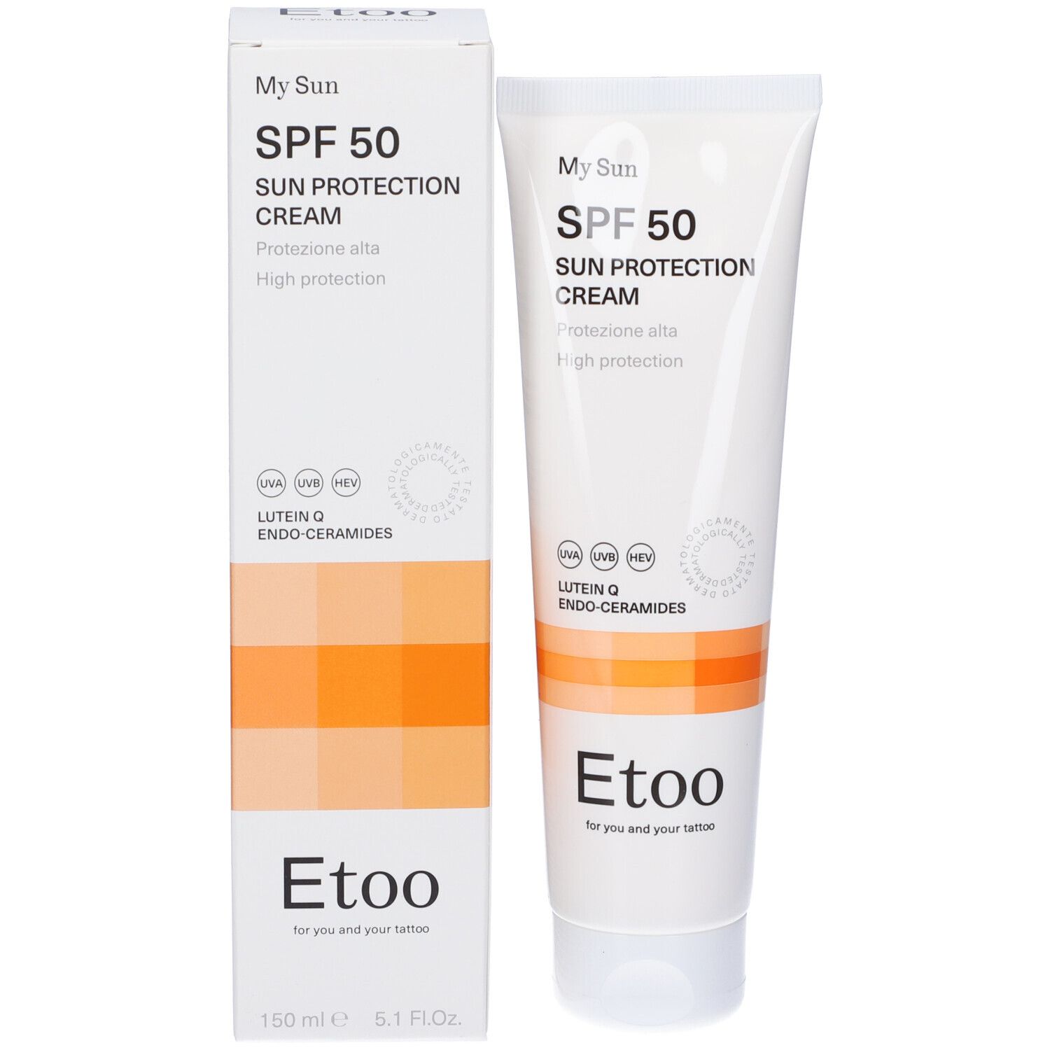 Tubo e confezione di crema solare. Marchio Etoo. SPF 50. Contiene Luteina Q ed endoceramidi.
