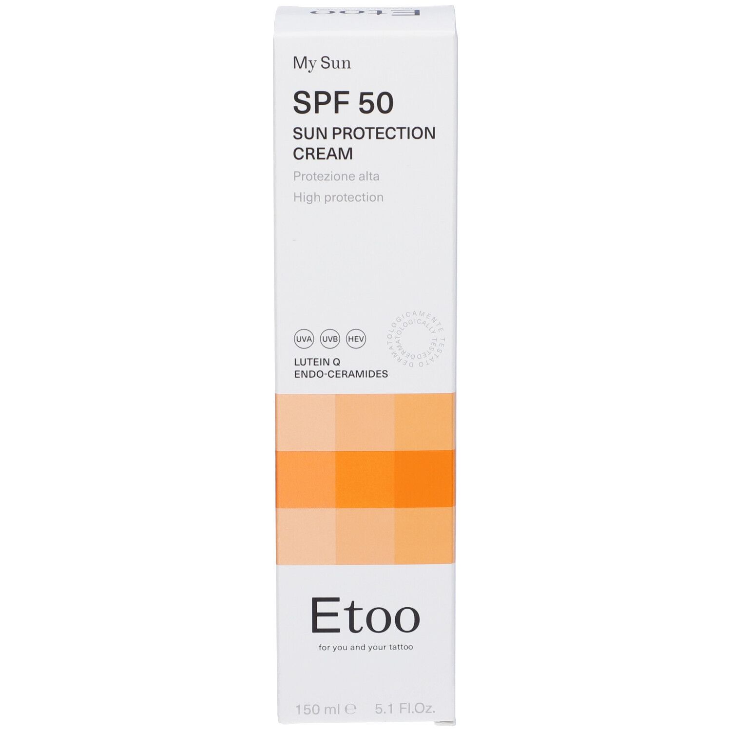 Confezione crema solare. Marchio Etoo. SPF 50. Contiene Luteina Q ed endoceramidi. Alta protezione.