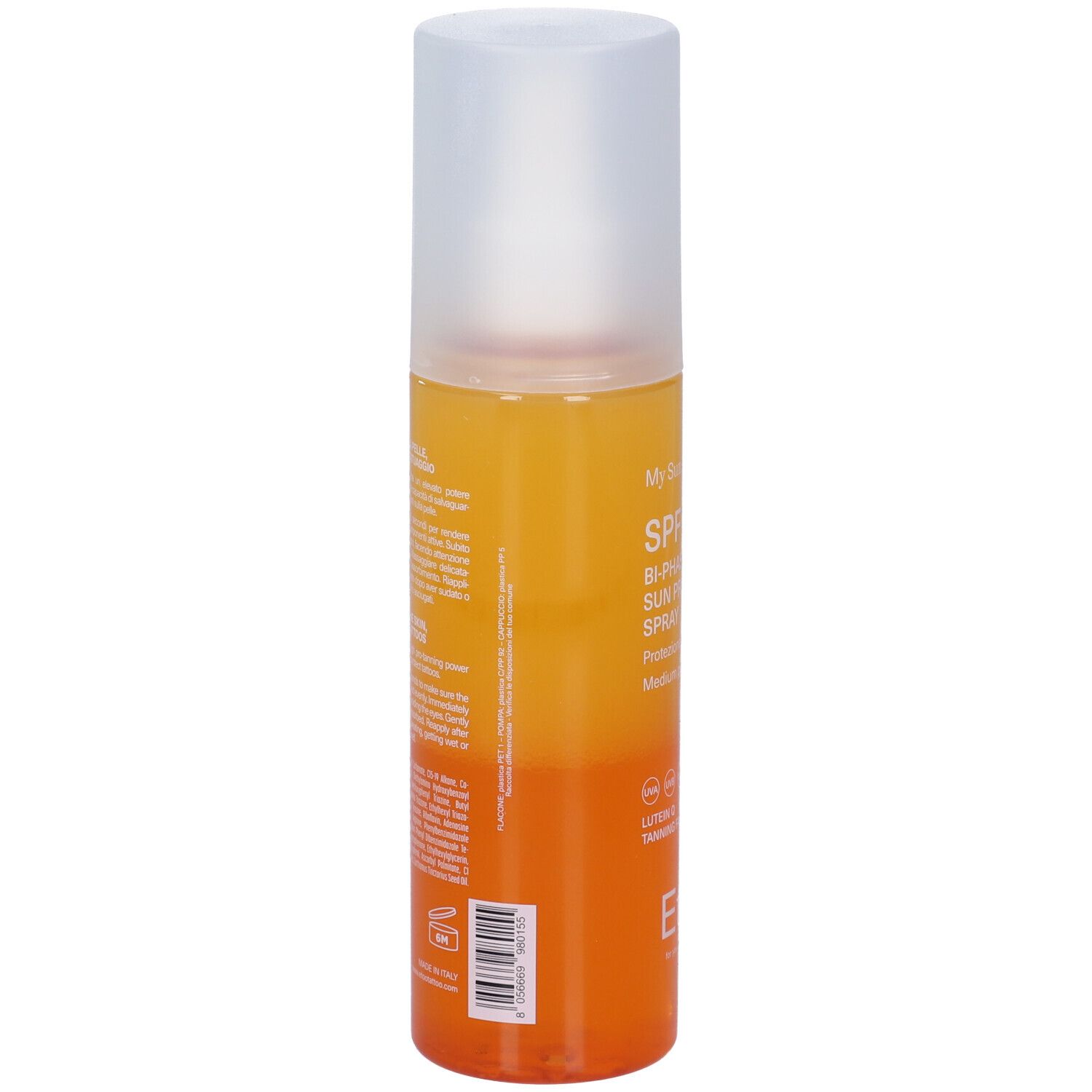 Spray solare, retro. Testo: Protezione della pelle, protezione dell'abbronzatura, istruzioni per l'uso. Etoo.