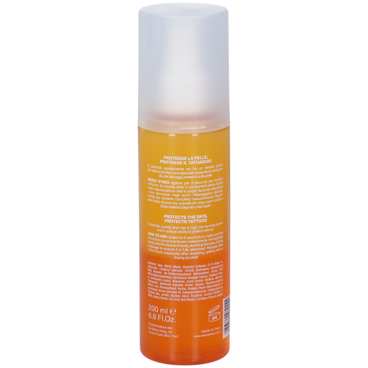 Spray solare, retro. Testo: Protegge la pelle, protegge l'abbronzatura. 200 ml. Etoo.