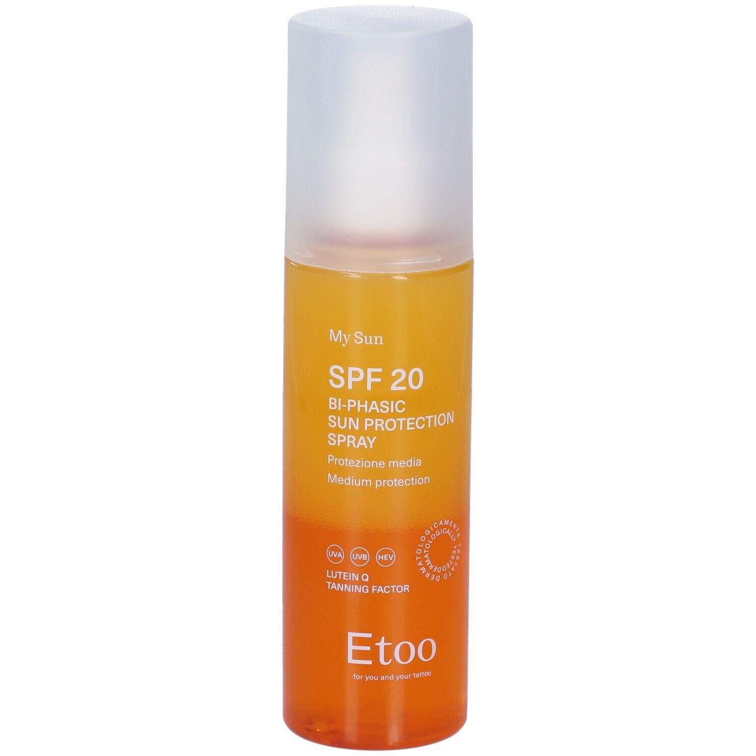 Spray solare con tappo trasparente. Scritta: SPF 20, Bi-Phasic Sun Protection Spray, Etoo.