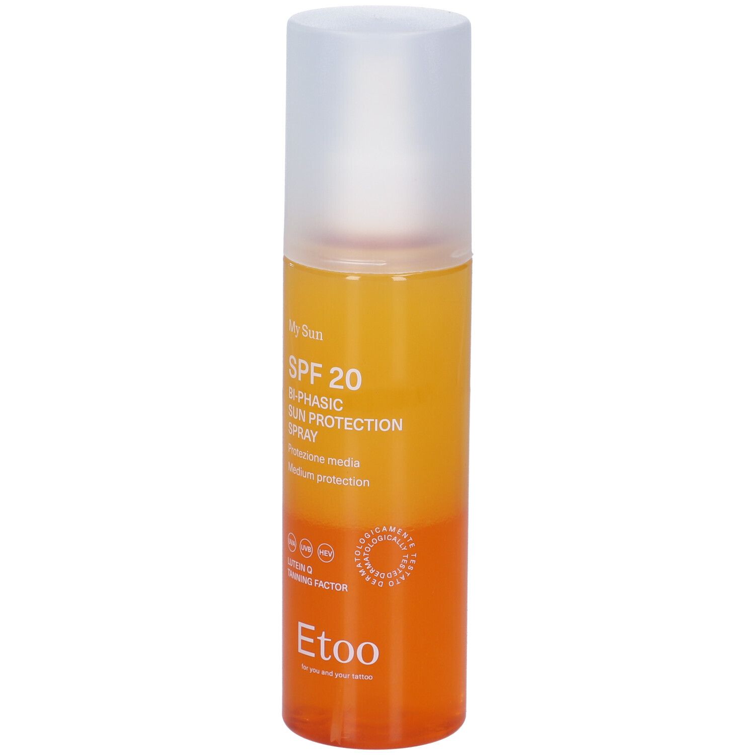 Spray solare con tappo trasparente. Scritta: SPF 20, Bi-Phasic Sun Protection Spray, Etoo.