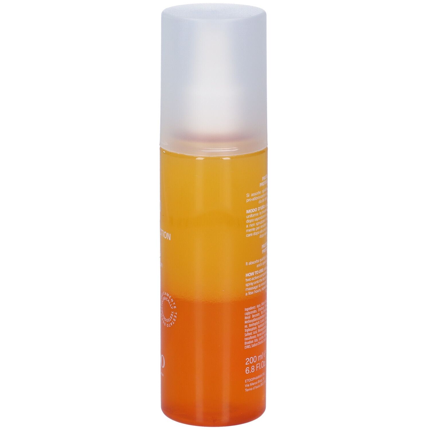 Spray solare, retro. Testo: Protegge la pelle, protegge l'abbronzatura. 200 ml. Etoo.