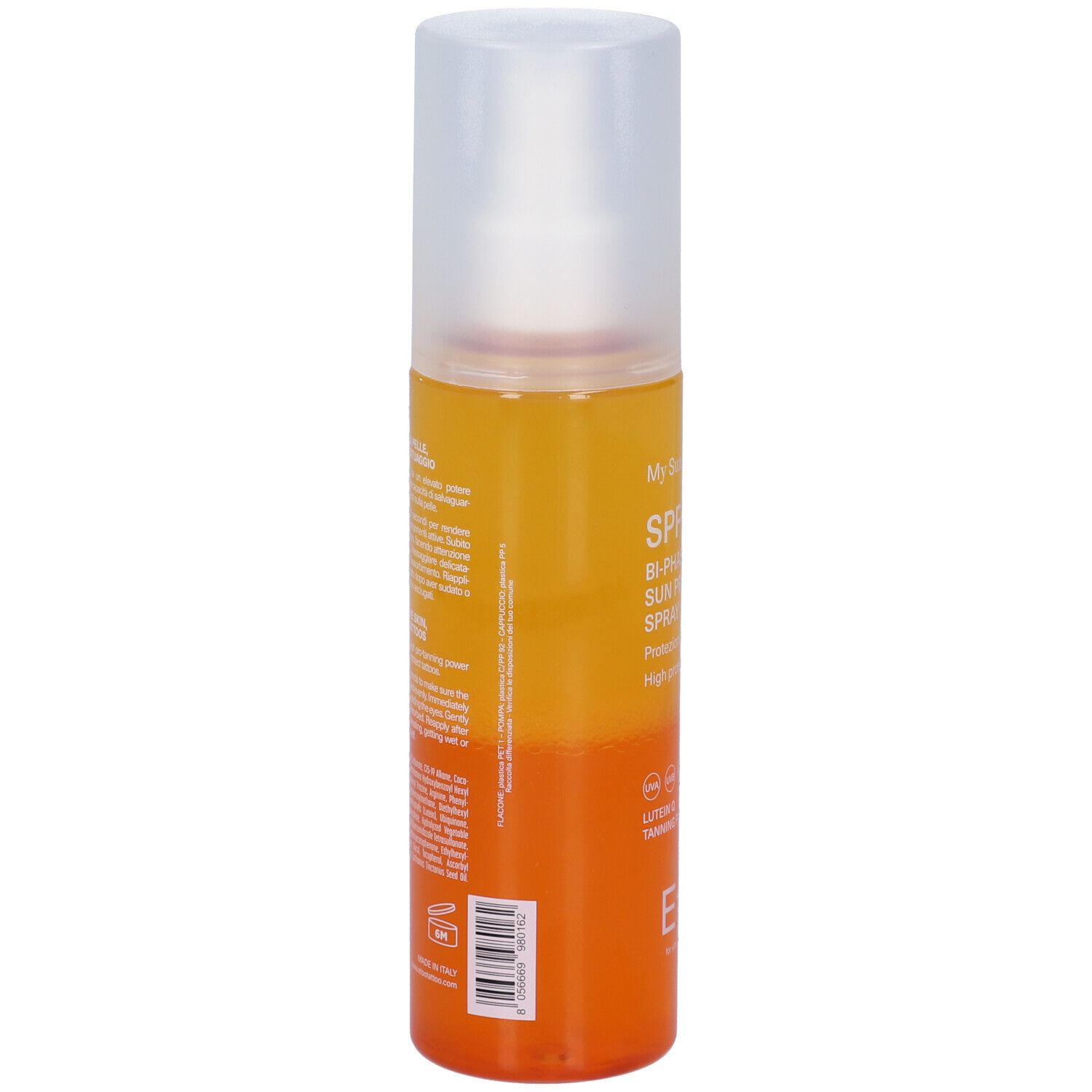 Etoo Spray solare bifasico. Retro del flacone. Testo e codice a barre. Flacone bicolore con erogatore spray.