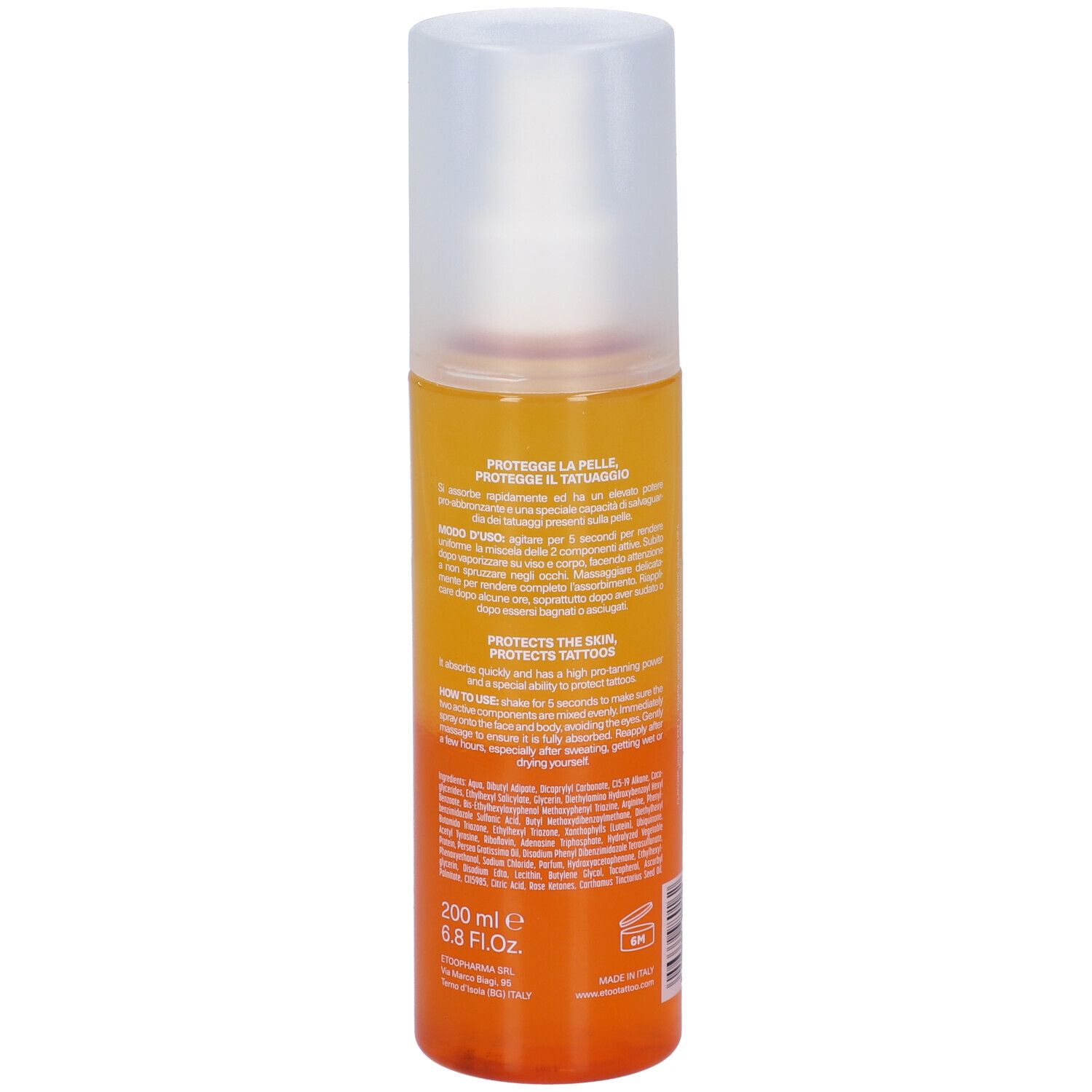 Etoo Spray solare bifasico. Retro del flacone. Testo: 200 ml, 6.8 FL.OZ. Flacone bicolore con erogatore spray.