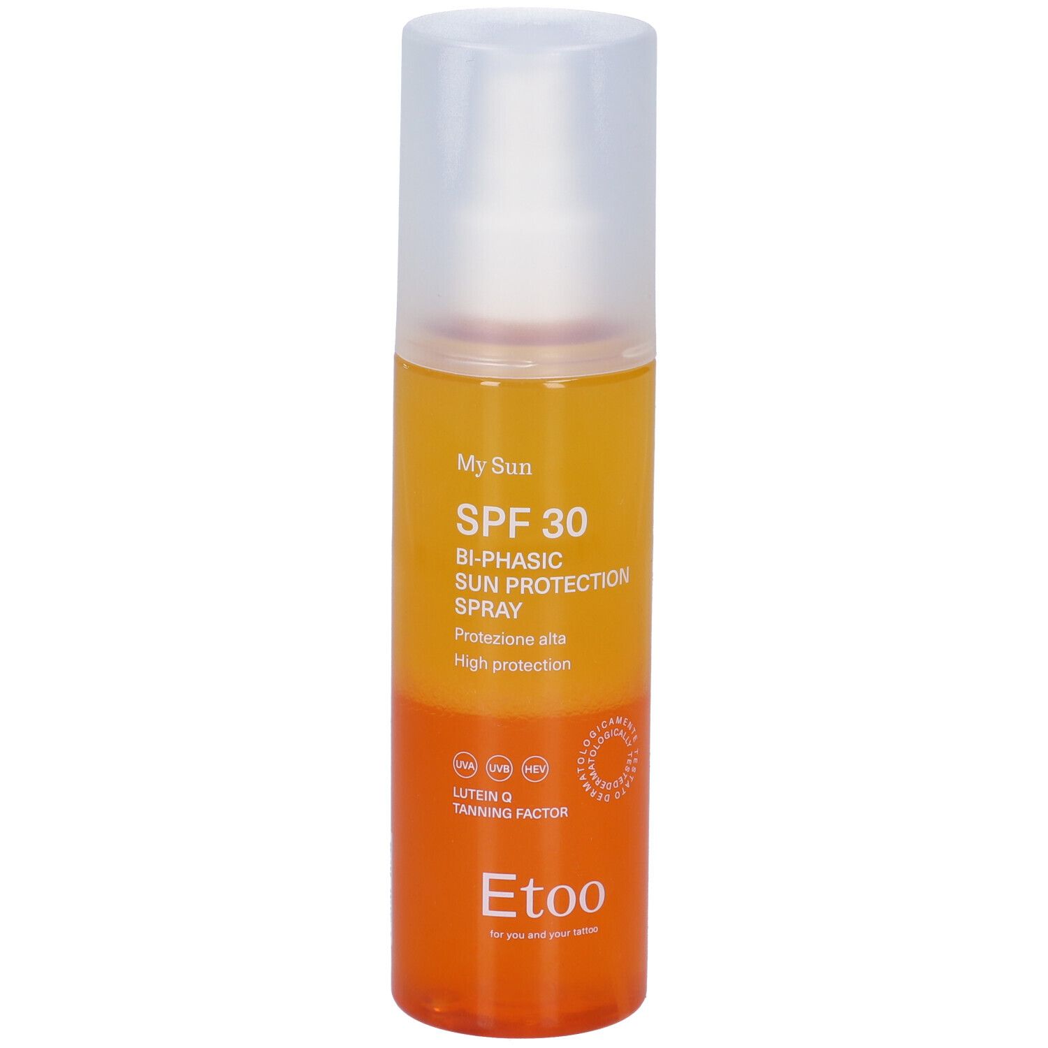 Etoo Spray solare bifasico SPF30. Flacone bicolore con erogatore spray. Testo: SPF 30, Bi-Phasic Sun Protection Spray.