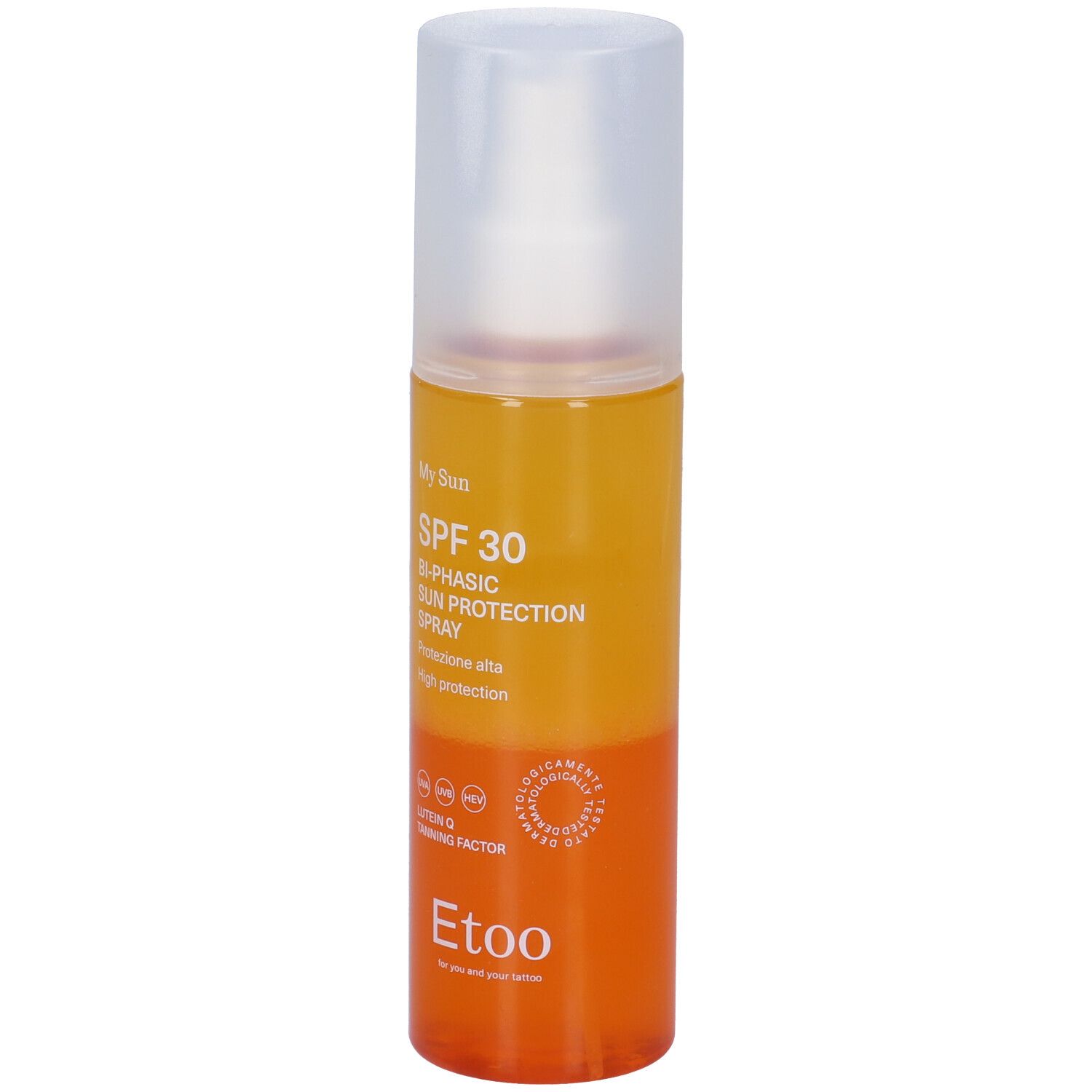 Etoo Spray solare bifasico SPF30. Flacone bicolore con erogatore spray. Testo: SPF 30, Bi-Phasic Sun Protection Spray.