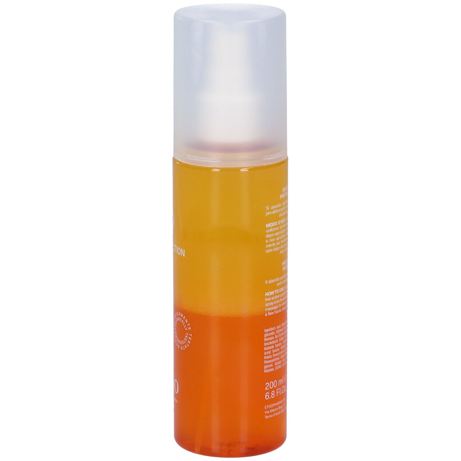 Etoo Spray solare bifasico. Retro del flacone. Testo: 200 ml, 6.8 FL.OZ. Flacone bicolore con erogatore spray.