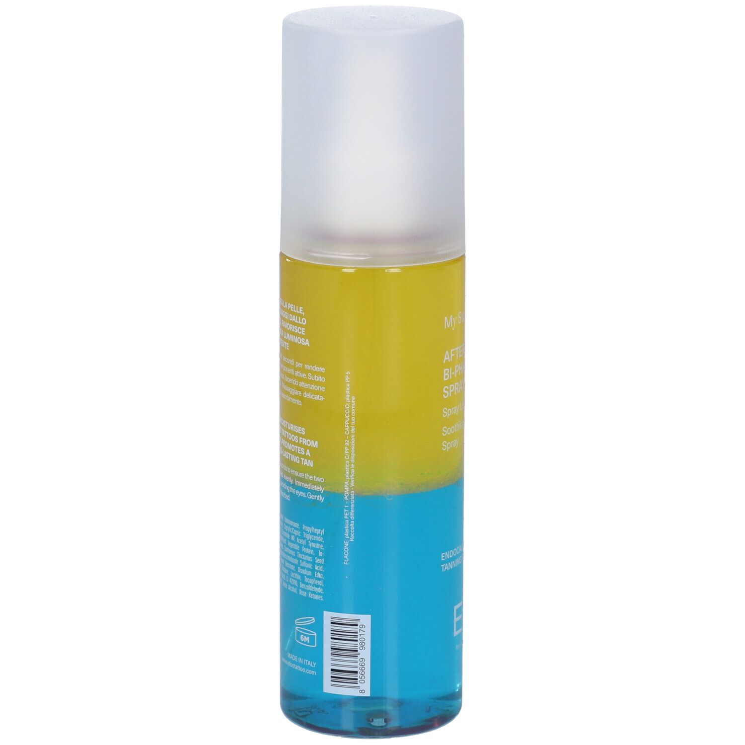 Etoo After-Sun Biphasic Spray. Retro del flacone. Zone gialla e blu. Testo e codice a barre. Erogatore.