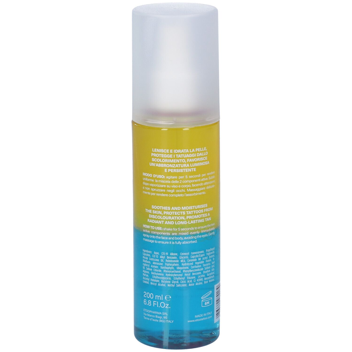 Etoo After-Sun Biphasic Spray. Retro del flacone. Zone gialla e blu. Testo, indicazione volume 200 ml. Erogatore.