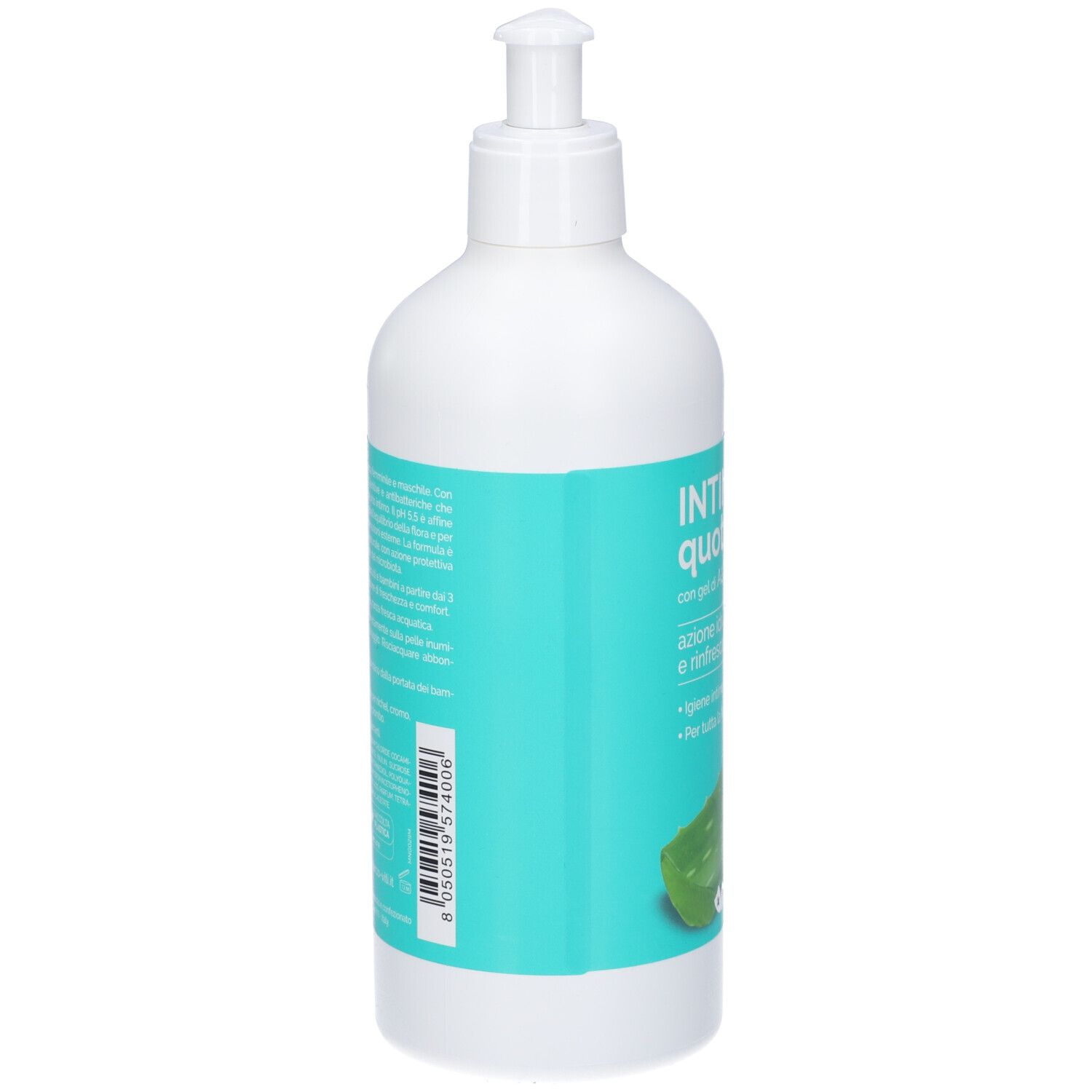 Flacone bianco con pompa, etichetta turchese e illustrazione di foglia di aloe.