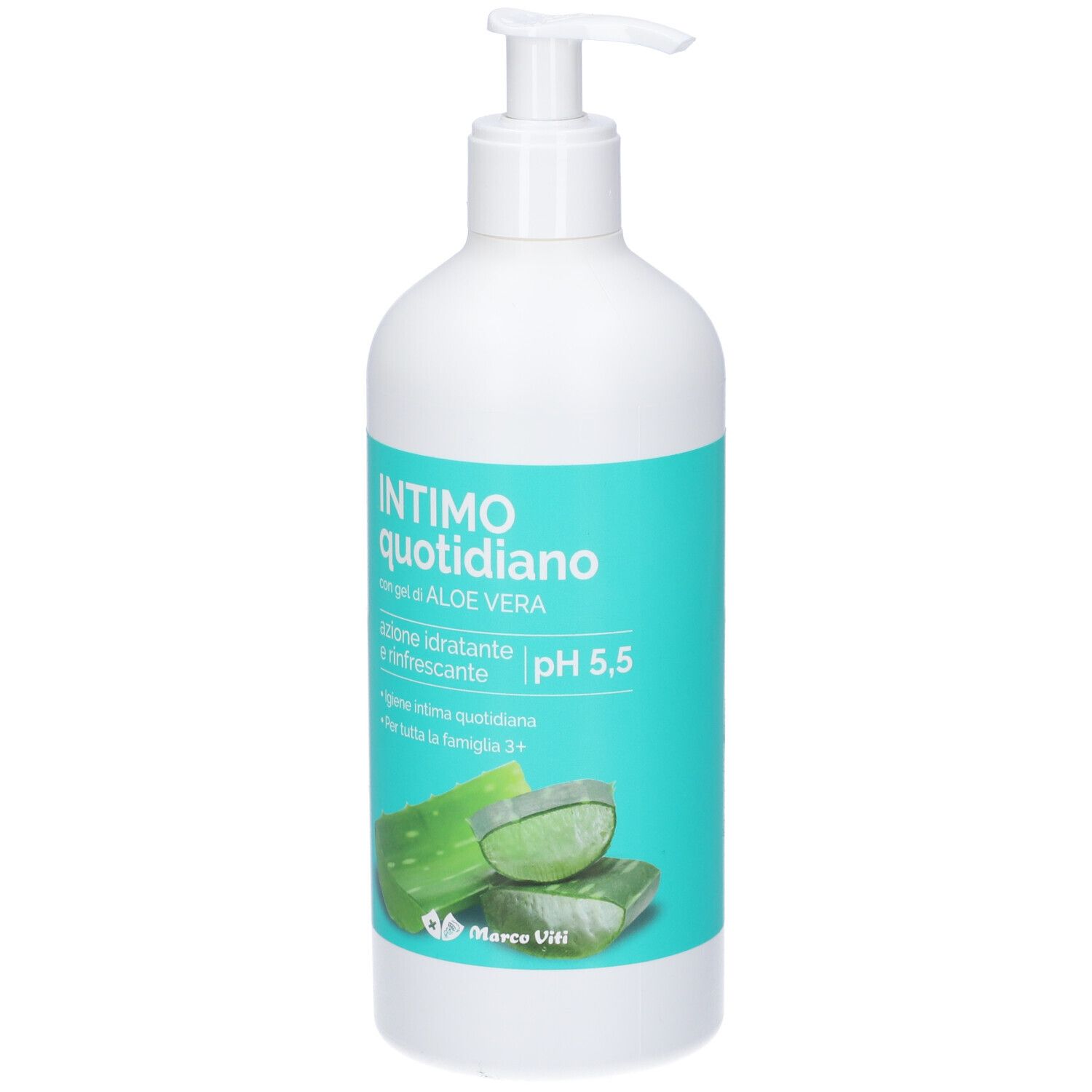 Flacone bianco con pompa, etichetta turchese, Aloe Vera e indicazione pH 5,5.