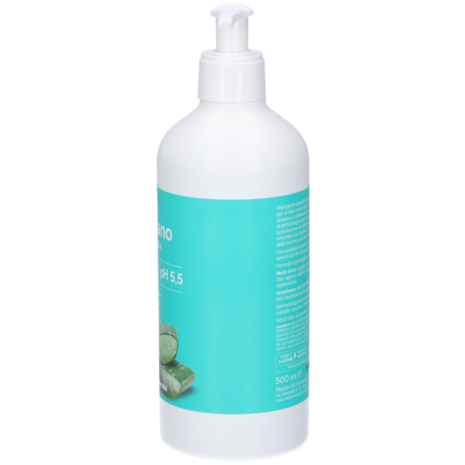 Flacone bianco con pompa ed etichetta turchese, pH 5,5, 500 ml.