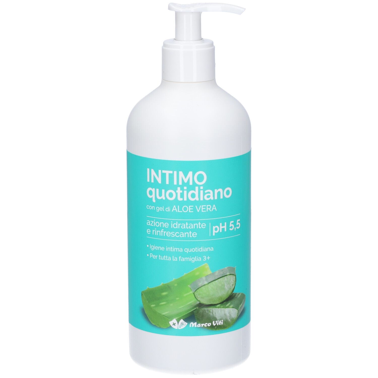 Flacone bianco con pompa ed etichetta turchese, aloe vera e pH 5,5.