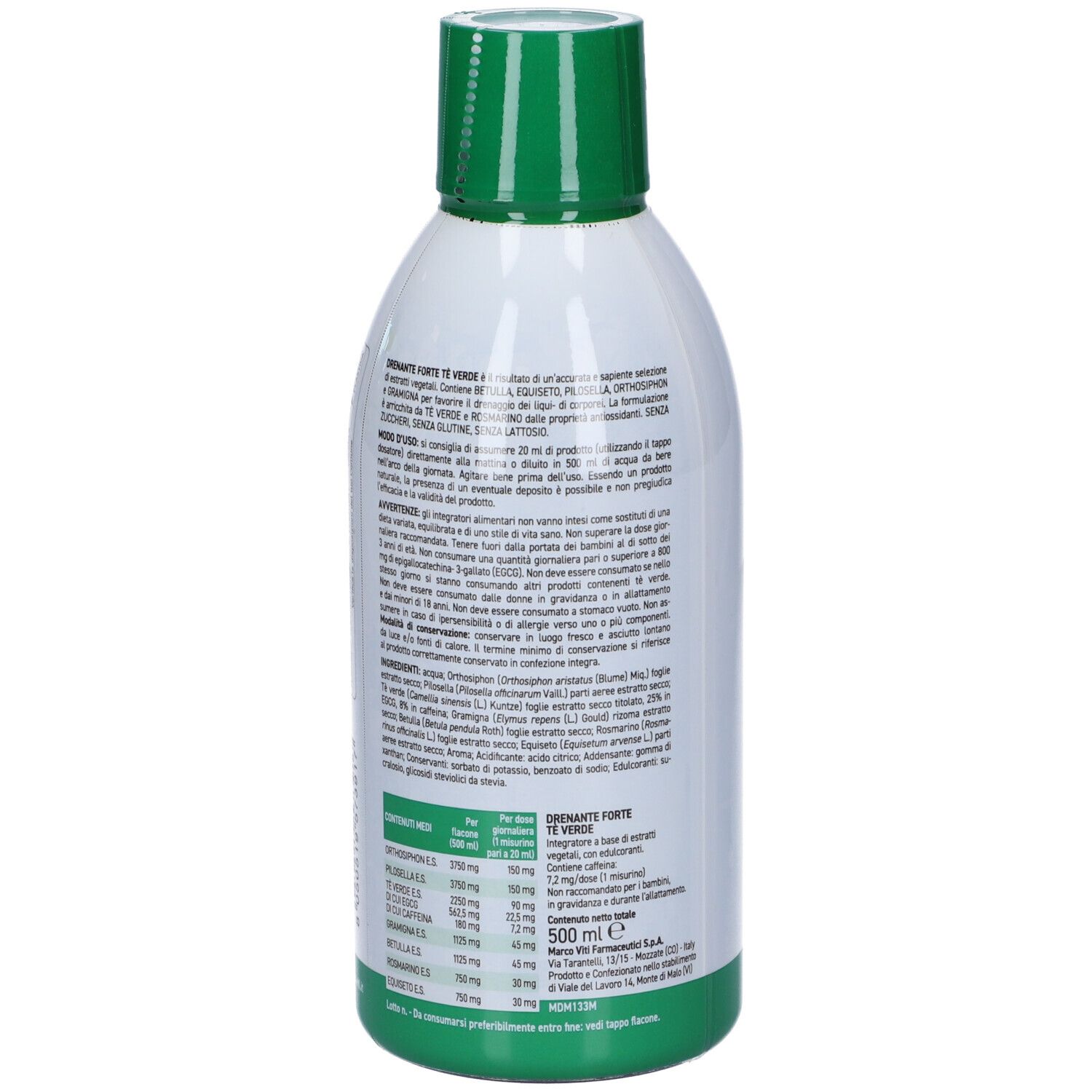 Retro della bottiglia bianca e verde. Testo con ingredienti e informazioni nutrizionali. Tappo e base verdi.