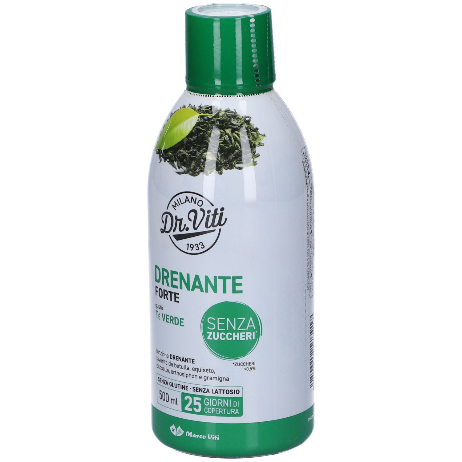 Bottiglia bianca e verde con tappo verde. Scritta: Dr. Viti, Drenante Forte, Te Verde, senza zucchero. Immagine di foglie di tè.