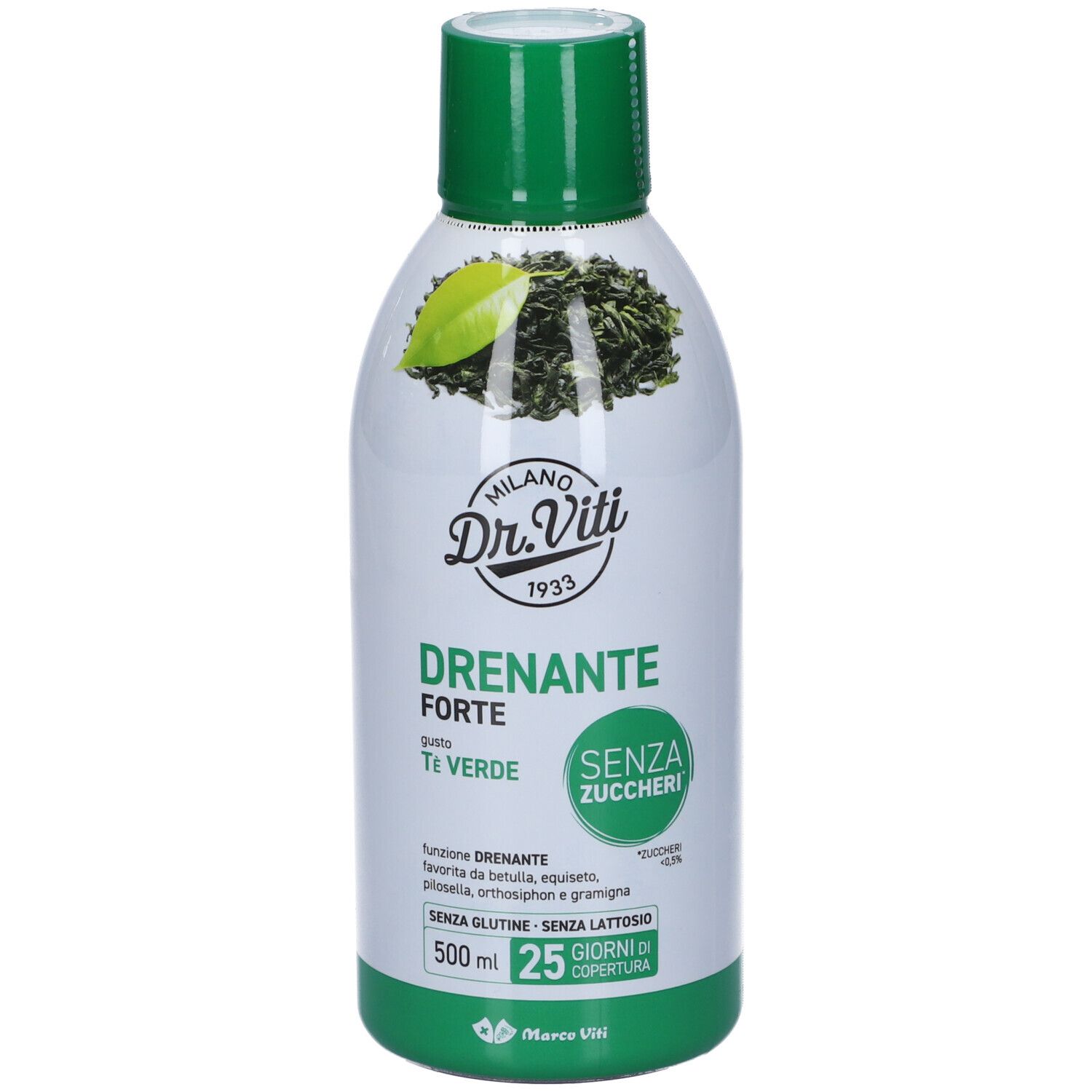 Bottiglia bianca e verde con tappo verde. Scritta: Dr. Viti, Drenante Forte, Te Verde, senza zucchero. Immagine di foglie di tè.