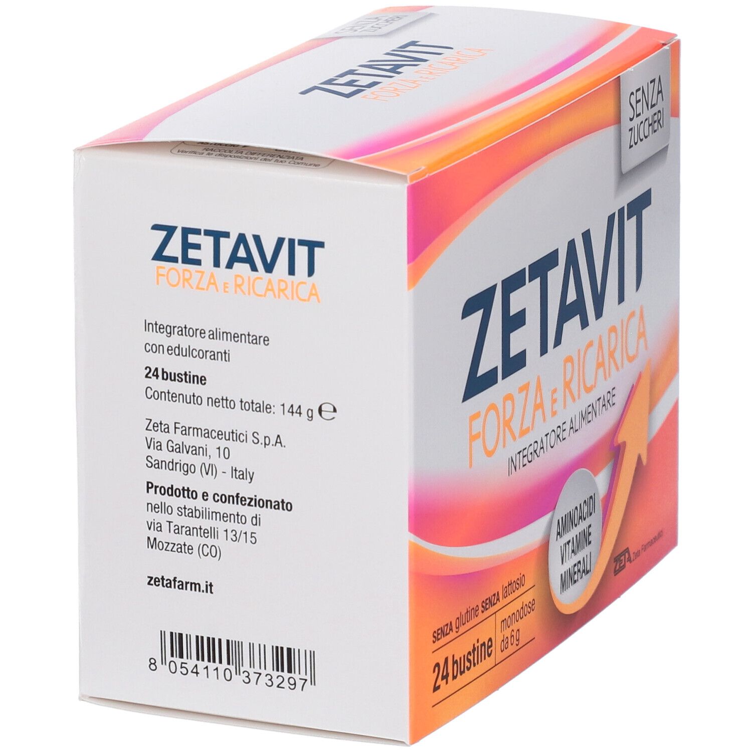 ZETAVIT FORZA e RICARICA. Confezione con nome e informazioni. 24 bustine. Senza zuccheri.