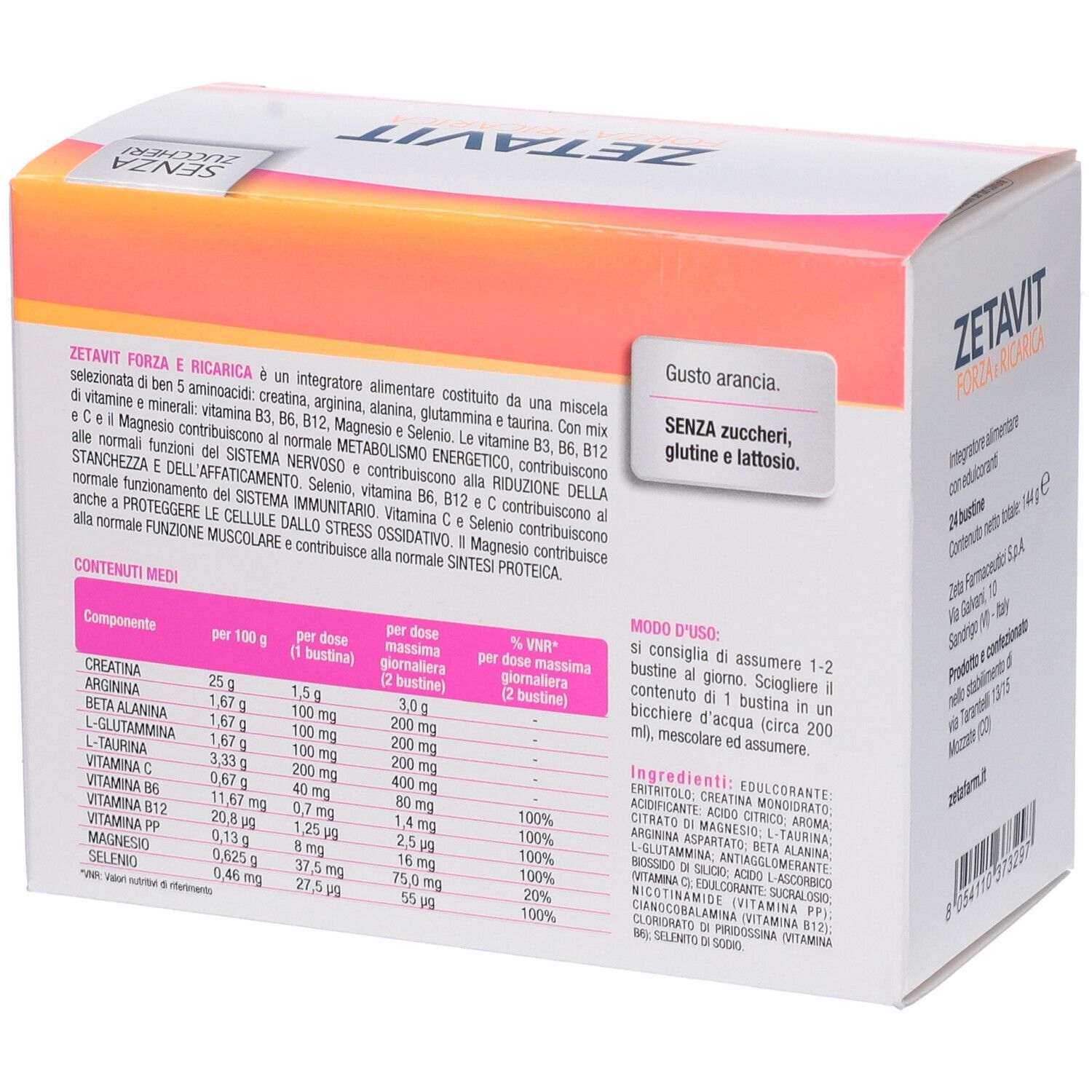 ZETAVIT FORZA e RICARICA. Confezione con informazioni, tabella nutrizionale e istruzioni. Senza zuccheri.
