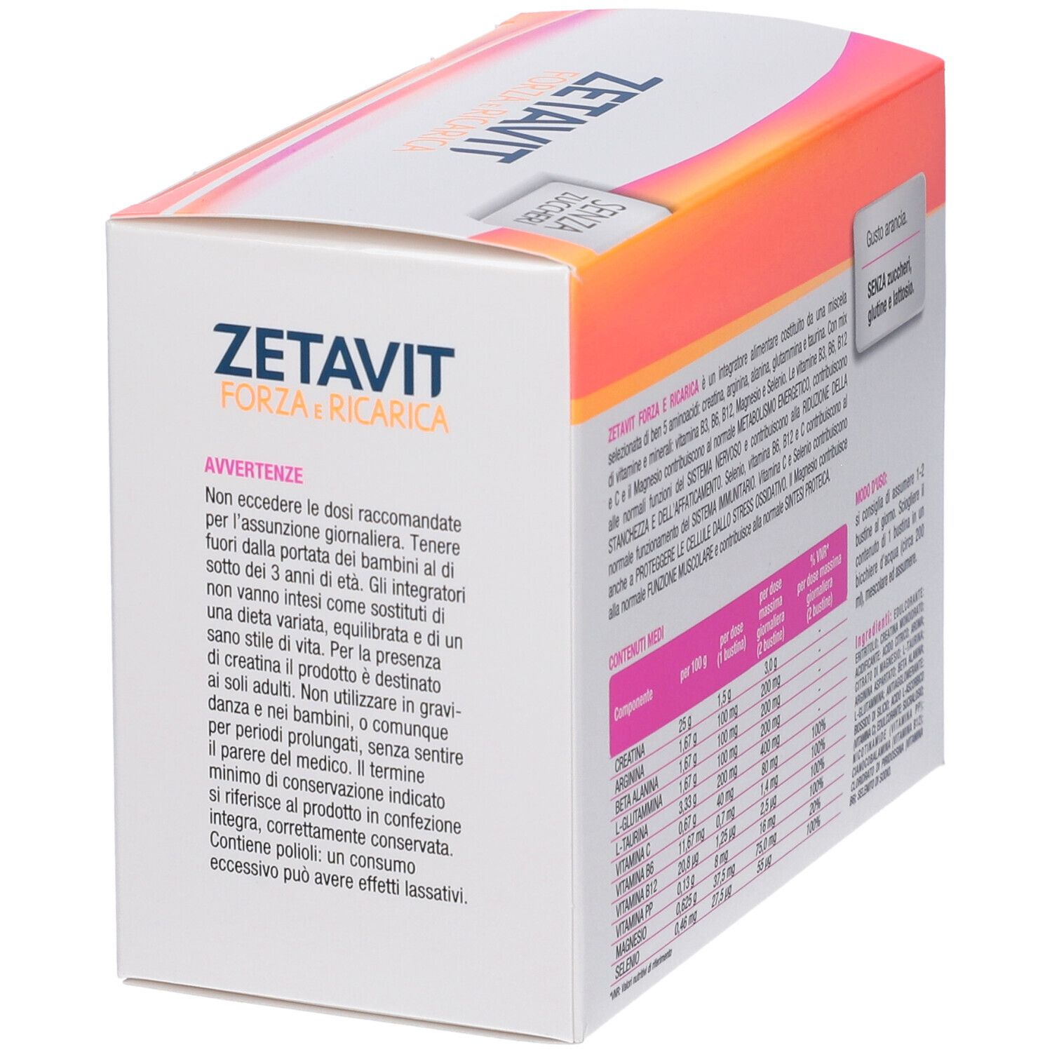 ZETAVIT FORZA e RICARICA. Confezione con avvertenze e informazioni. Senza zuccheri.