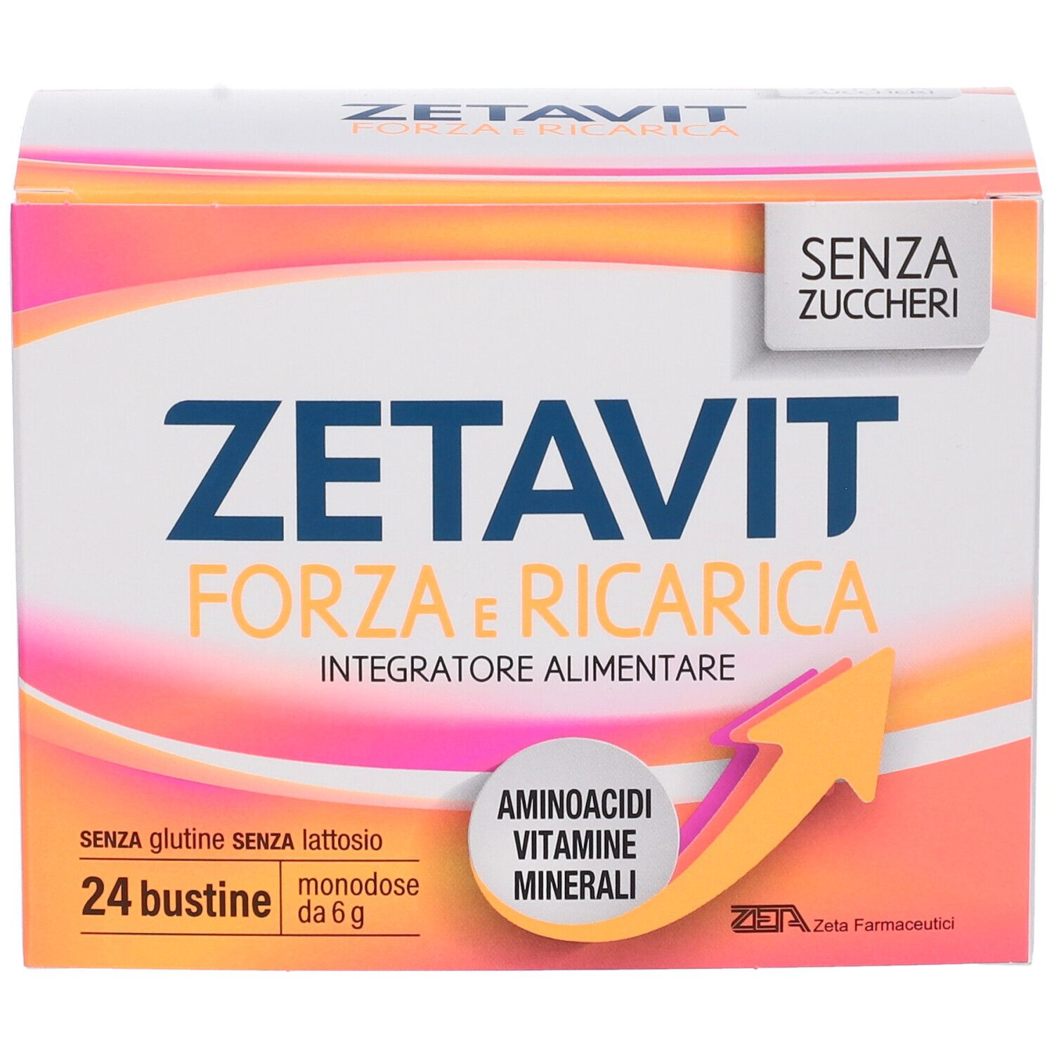 ZETAVIT FORZA e RICARICA, 24 bustine. Confezione con nome, ingredienti e logo. Senza zuccheri.