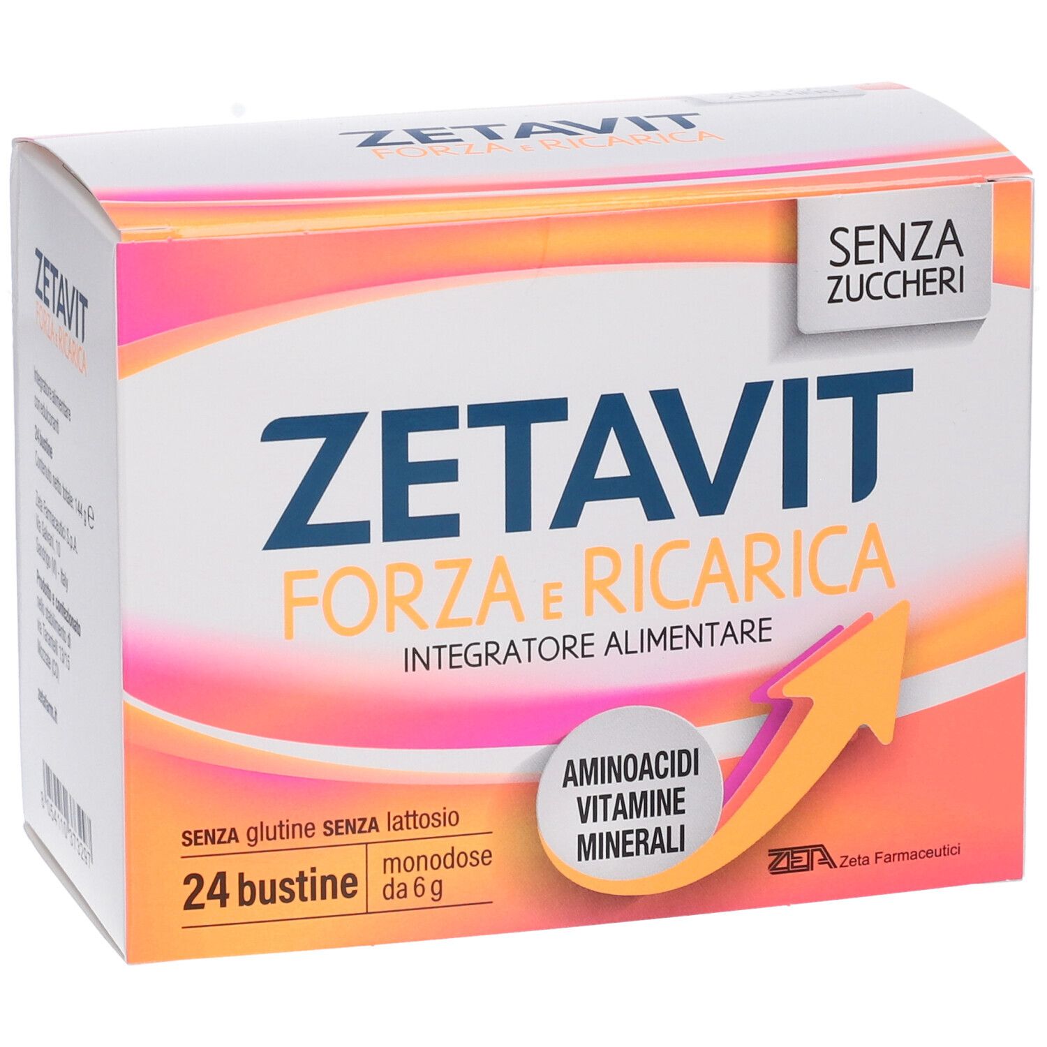 ZETAVIT FORZA e RICARICA, 24 bustine. Confezione con nome, ingredienti e logo. Senza zuccheri.