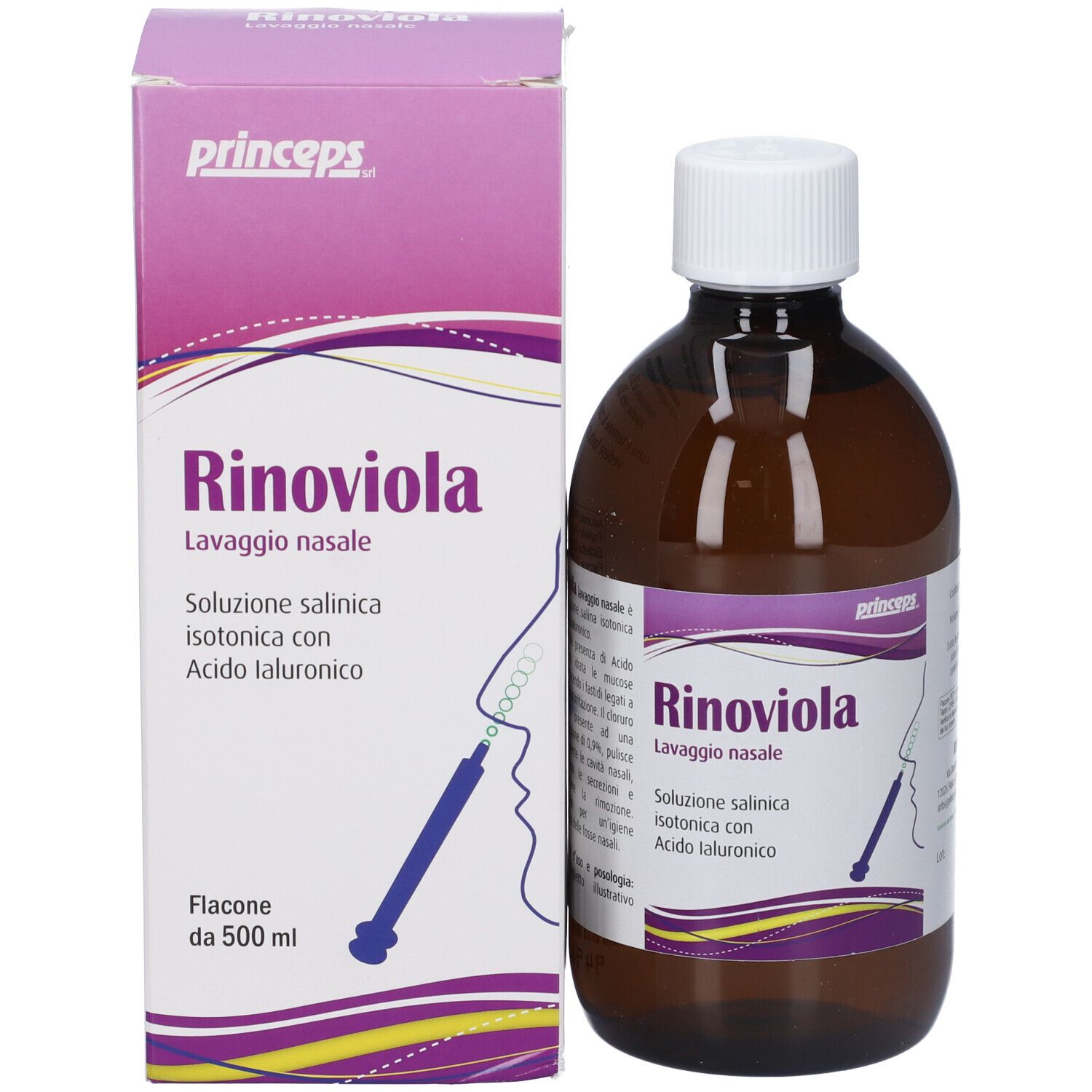 Confezione del prodotto e flacone. Confezione con logo Rinoviola e nome del prodotto. Flacone con tappo bianco.
