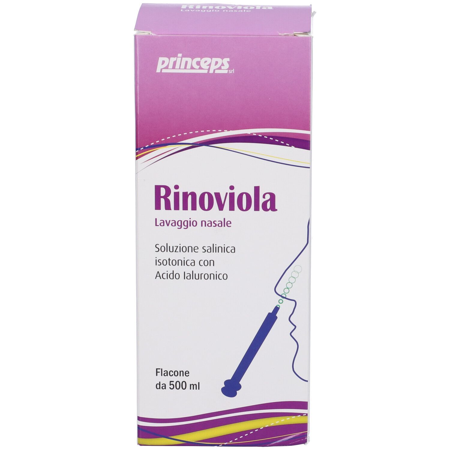 Confezione del prodotto. Confezione con logo Rinoviola e nome del prodotto. Testo in italiano.