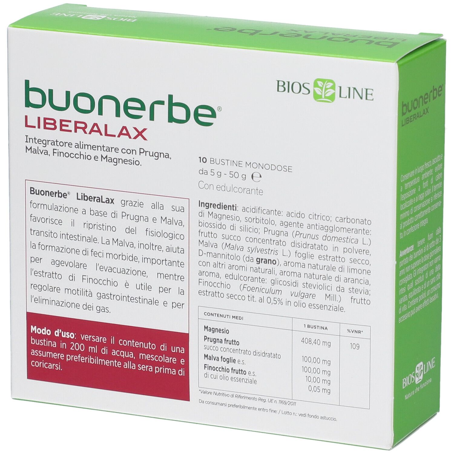 Retro della confezione BUONERBE LIBERALAX 10 bustine. Contiene dettagli su ingredienti e istruzioni d'uso.