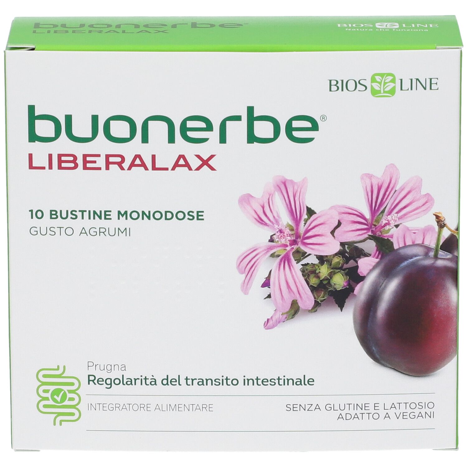 Fronte della confezione BUONERBE LIBERALAX 10 bustine. Gusto agrumi, con illustrazione di prugna e malva. Senza glutine e lattosio.