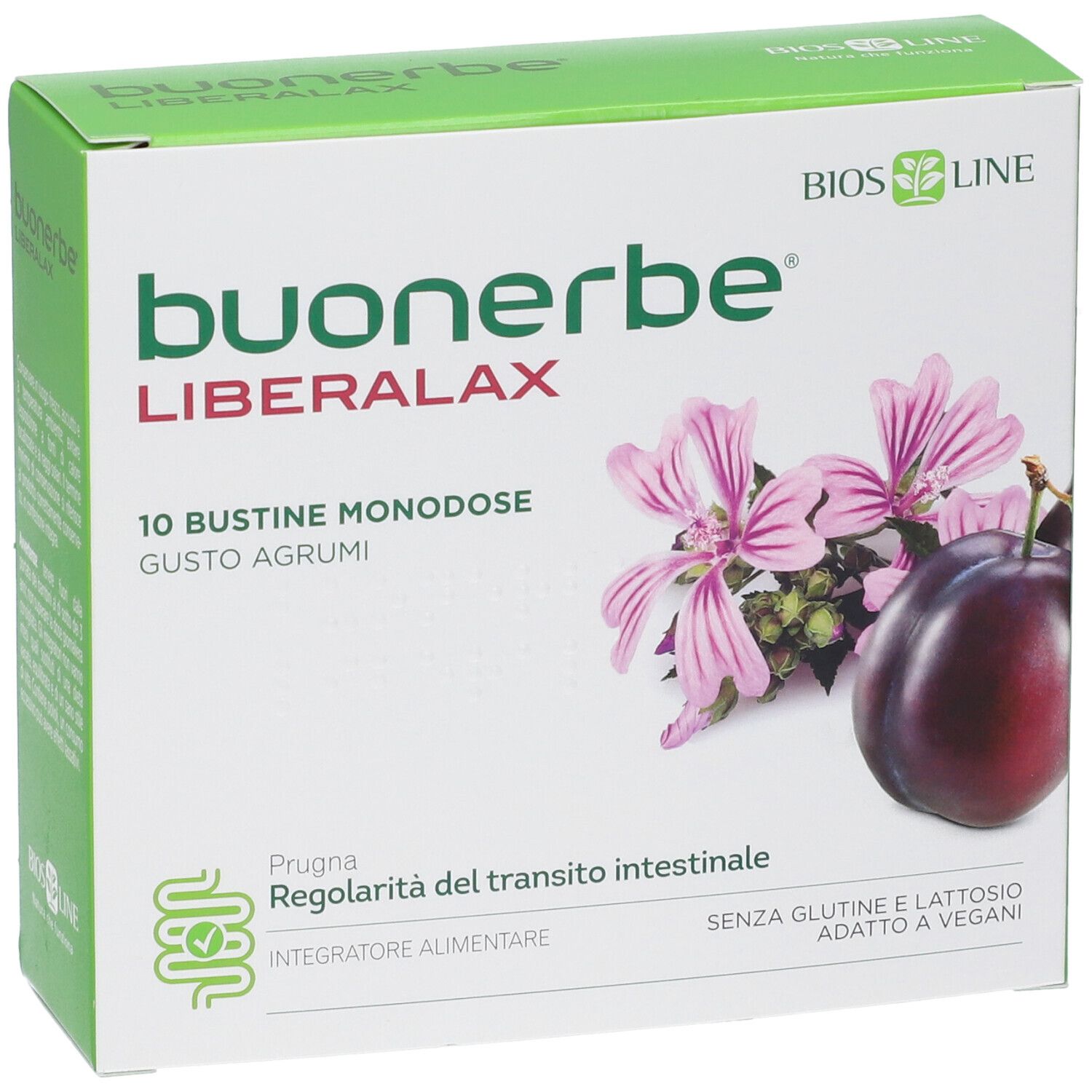 Fronte della confezione BUONERBE LIBERALAX 10 bustine. Gusto agrumi, con illustrazione di prugna e malva. Senza glutine e lattosio.