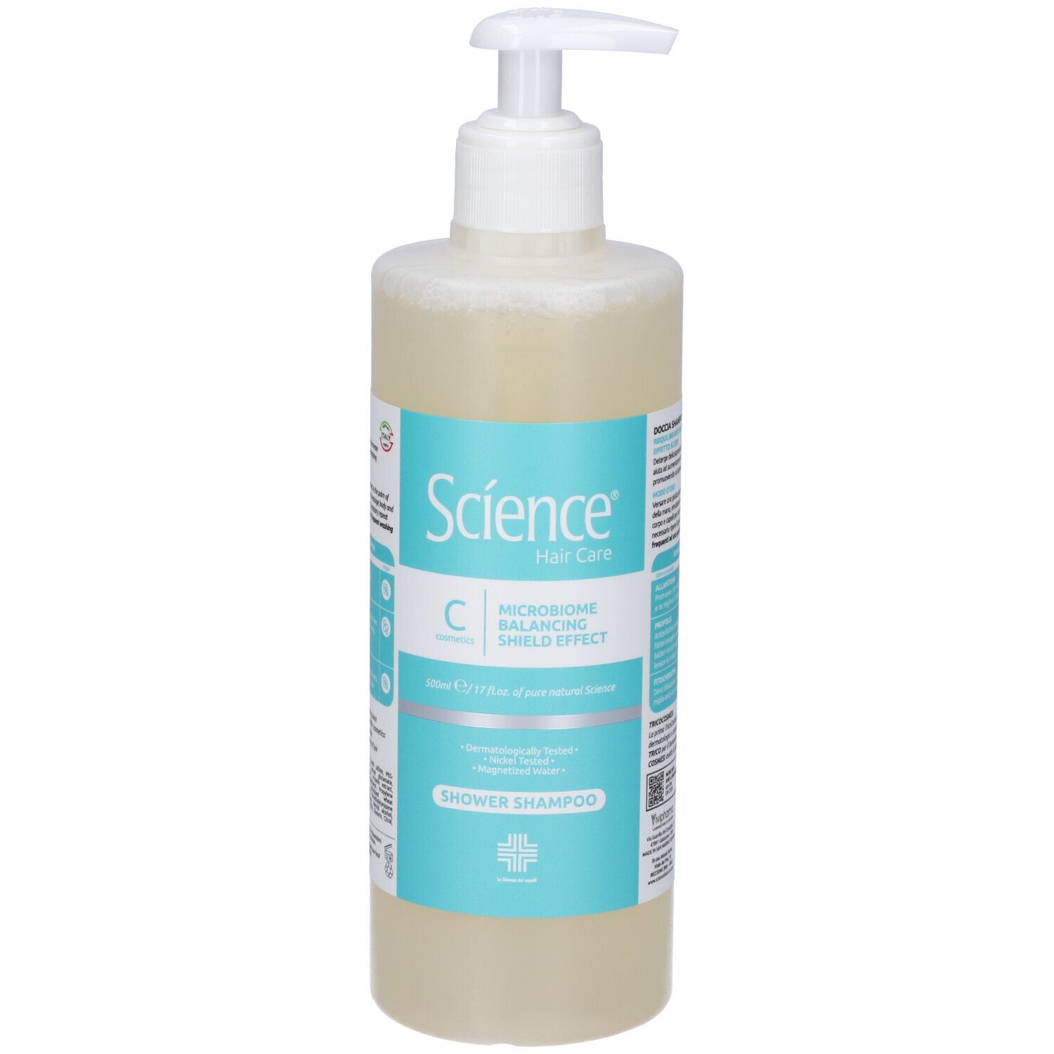 Flacone cilindrico con dosatore. Scritta: Science Hair Care. Liquido visibile. Informazioni sul prodotto sull'etichetta.