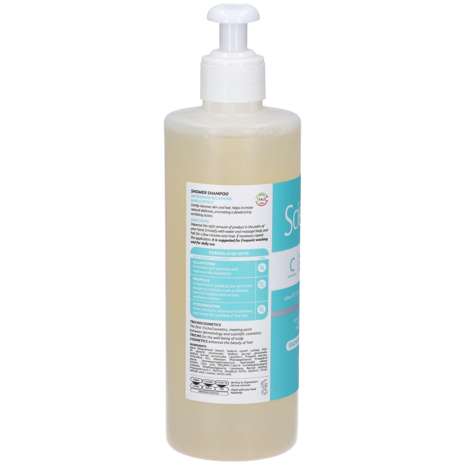 Vista posteriore del flacone. Scritta: Science Hair Care. Informazioni sul prodotto sull'etichetta. Liquido visibile.