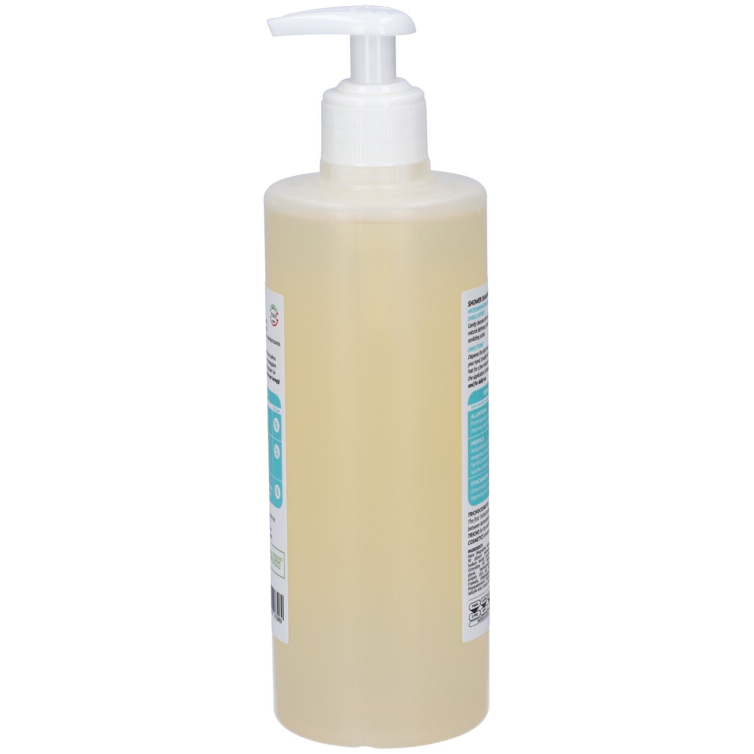 Vista laterale del flacone. Scritta: Science Hair Care. Informazioni sul prodotto sull'etichetta. Liquido visibile.