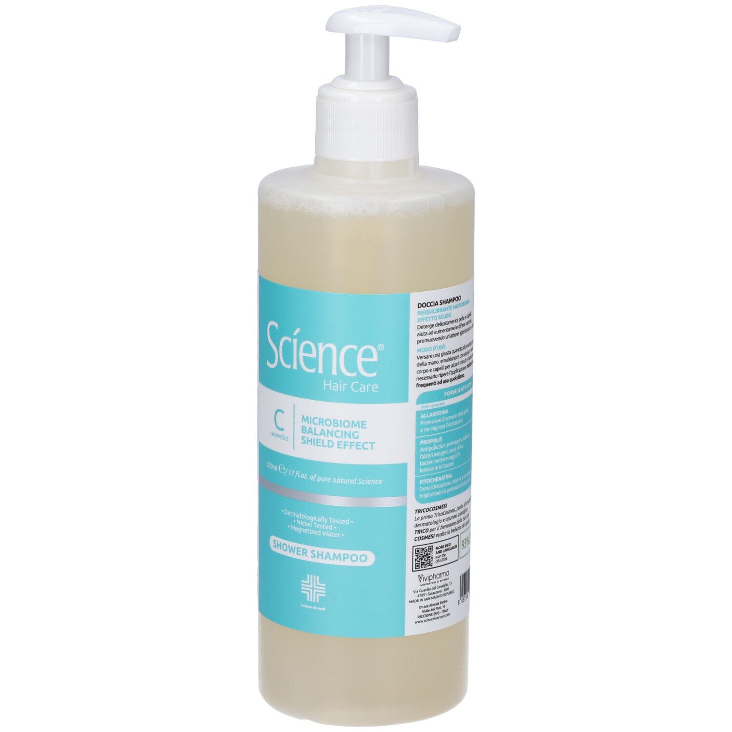 Vista posteriore del flacone. Scritta: Science Hair Care. Informazioni sul prodotto sull'etichetta. Liquido visibile.