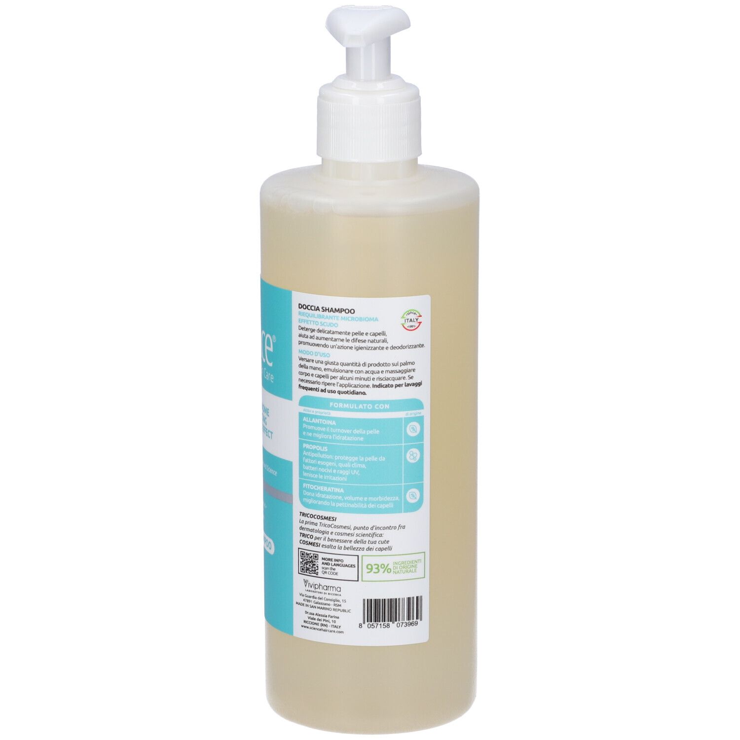 Vista posteriore del flacone. Scritta: Science Hair Care. Informazioni sul prodotto sull'etichetta. Liquido visibile.