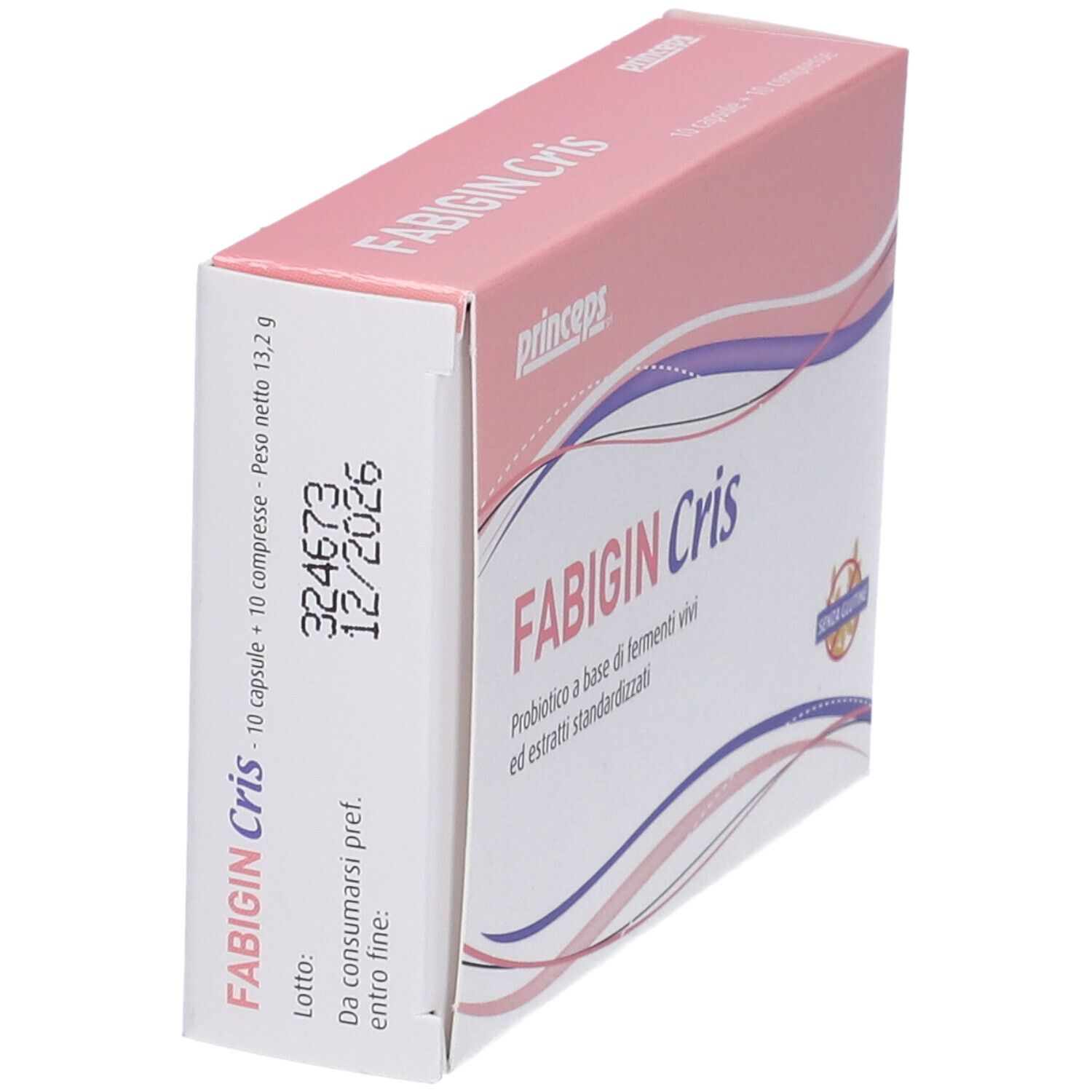 Scatola Fabigin Cris, rosa e bianca. Contiene 10 capsule + 10 compresse. Scadenza 12/2026.