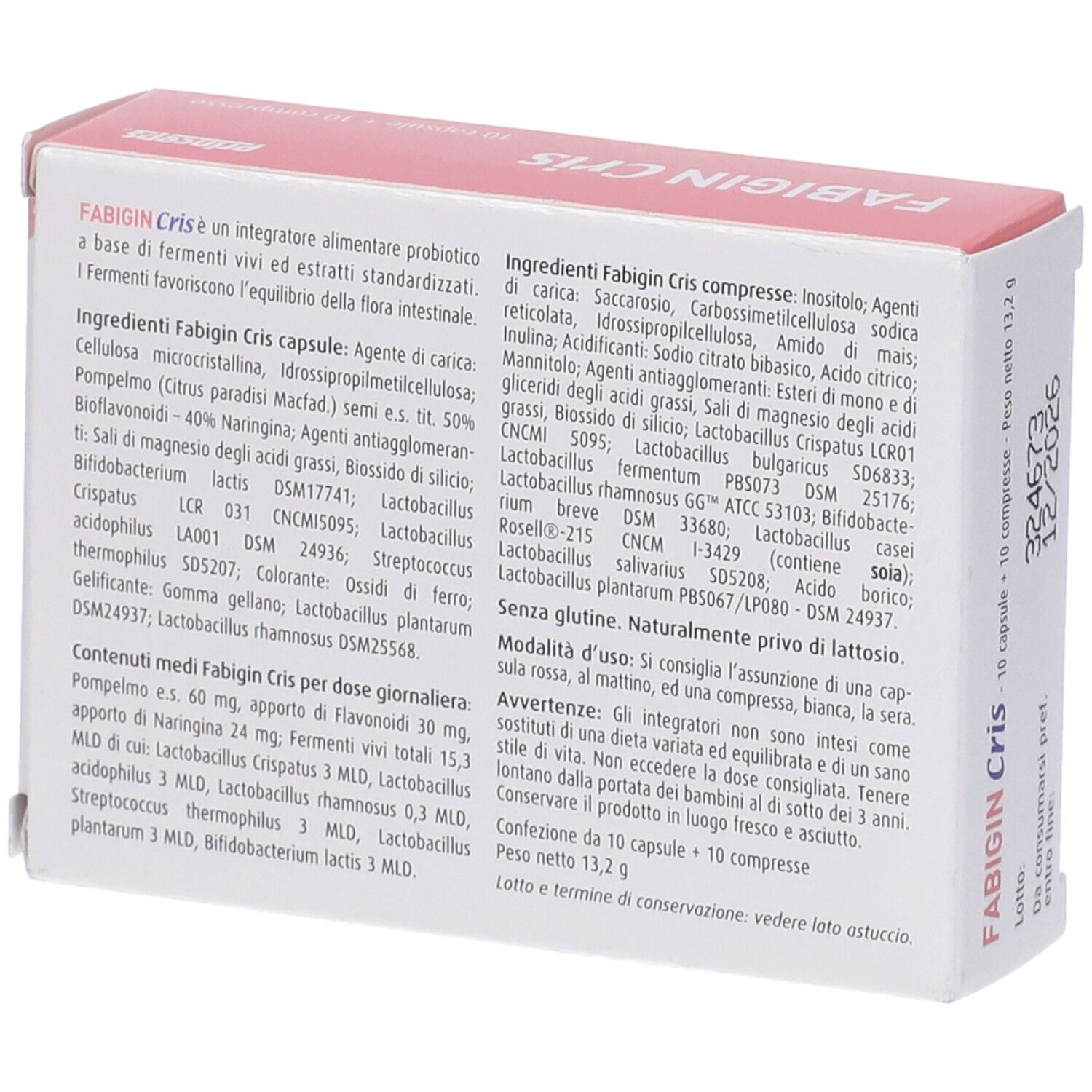 Retro della scatola Fabigin Cris. Contiene informazioni sugli ingredienti e l'uso. Testo in italiano.