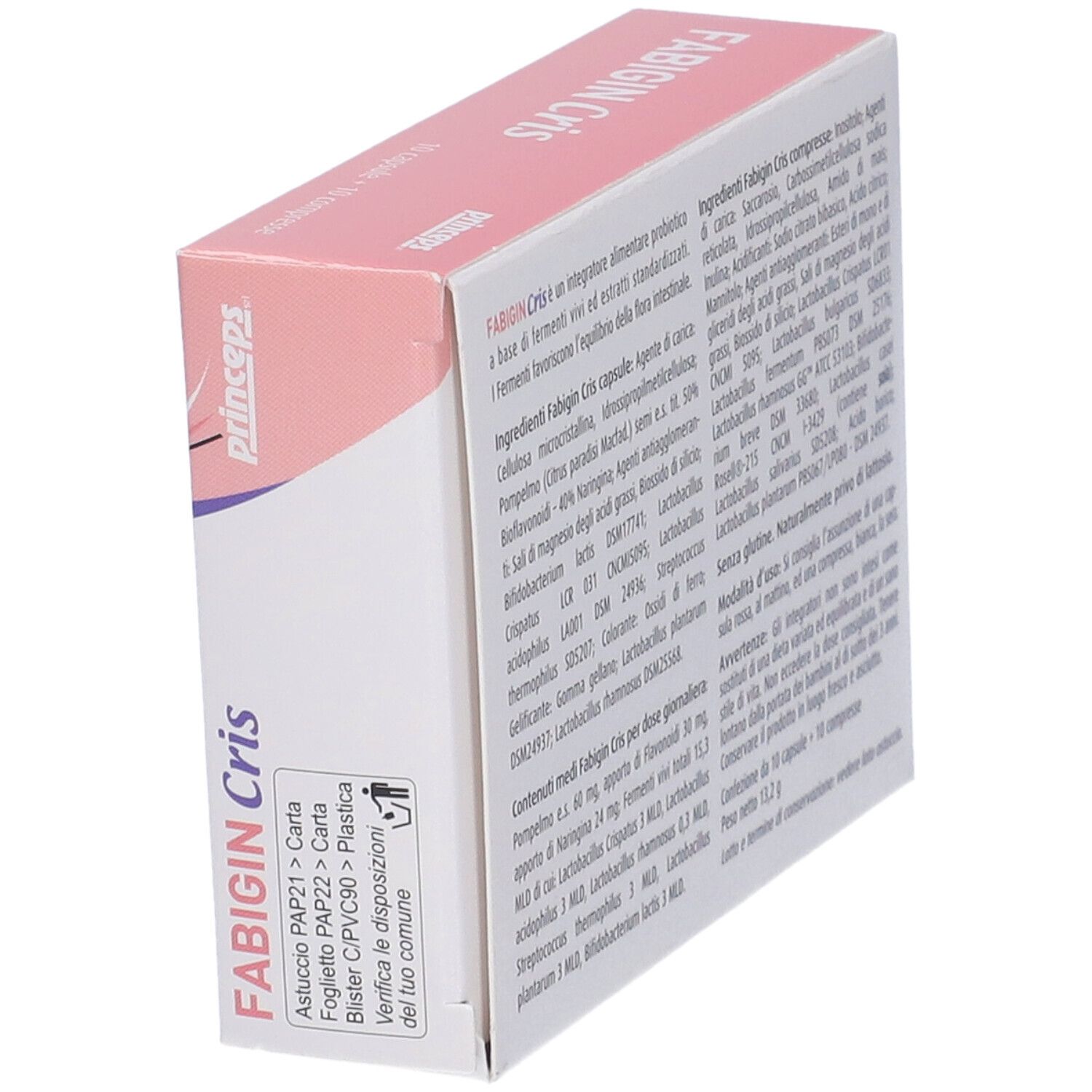 Vista laterale della scatola Fabigin Cris. Testo in italiano. Informazioni su ingredienti e uso.