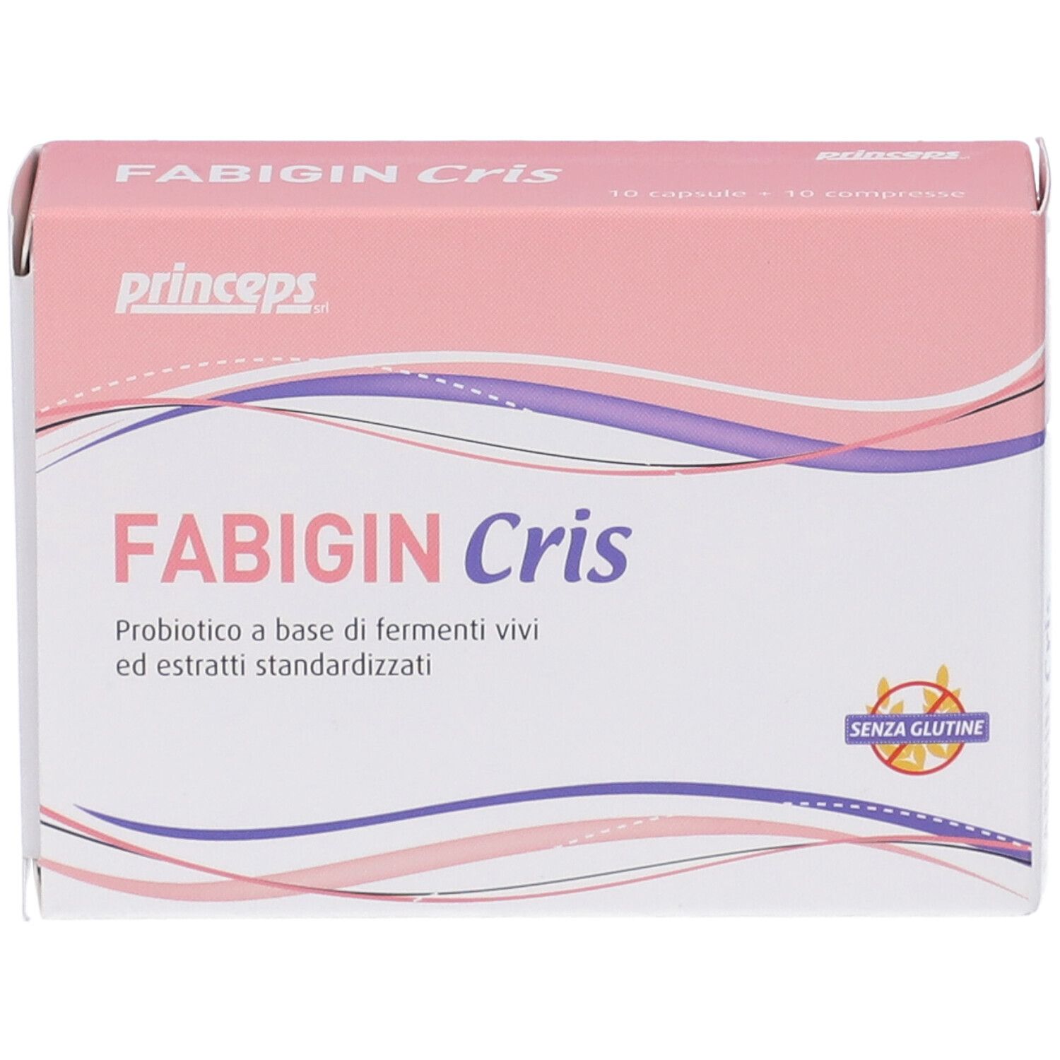 Scatola Fabigin Cris, rosa e bianca. Contiene 10 capsule + 10 compresse. Sigillo senza glutine.