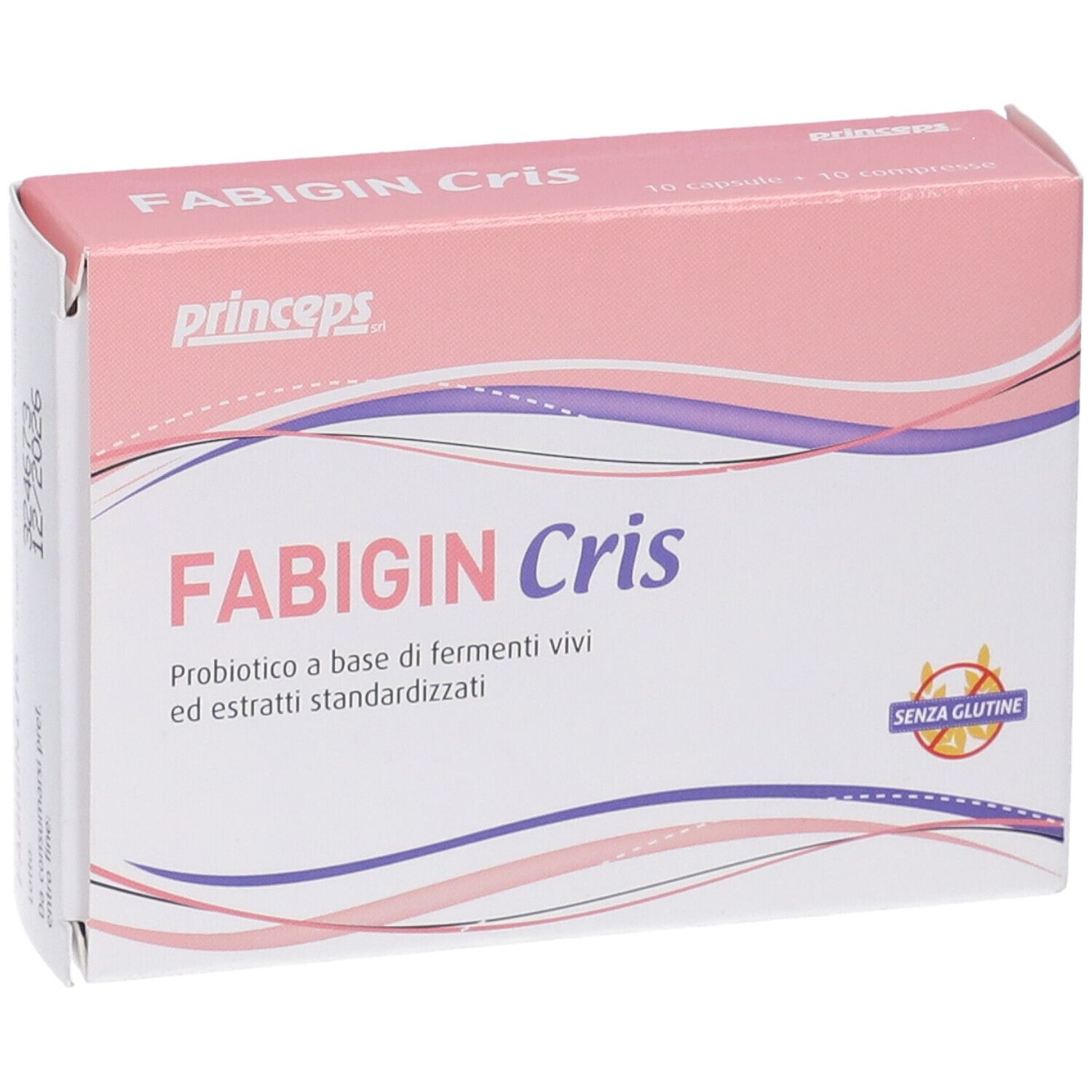 Scatola Fabigin Cris, rosa e bianca. Contiene 10 capsule + 10 compresse. Sigillo senza glutine.