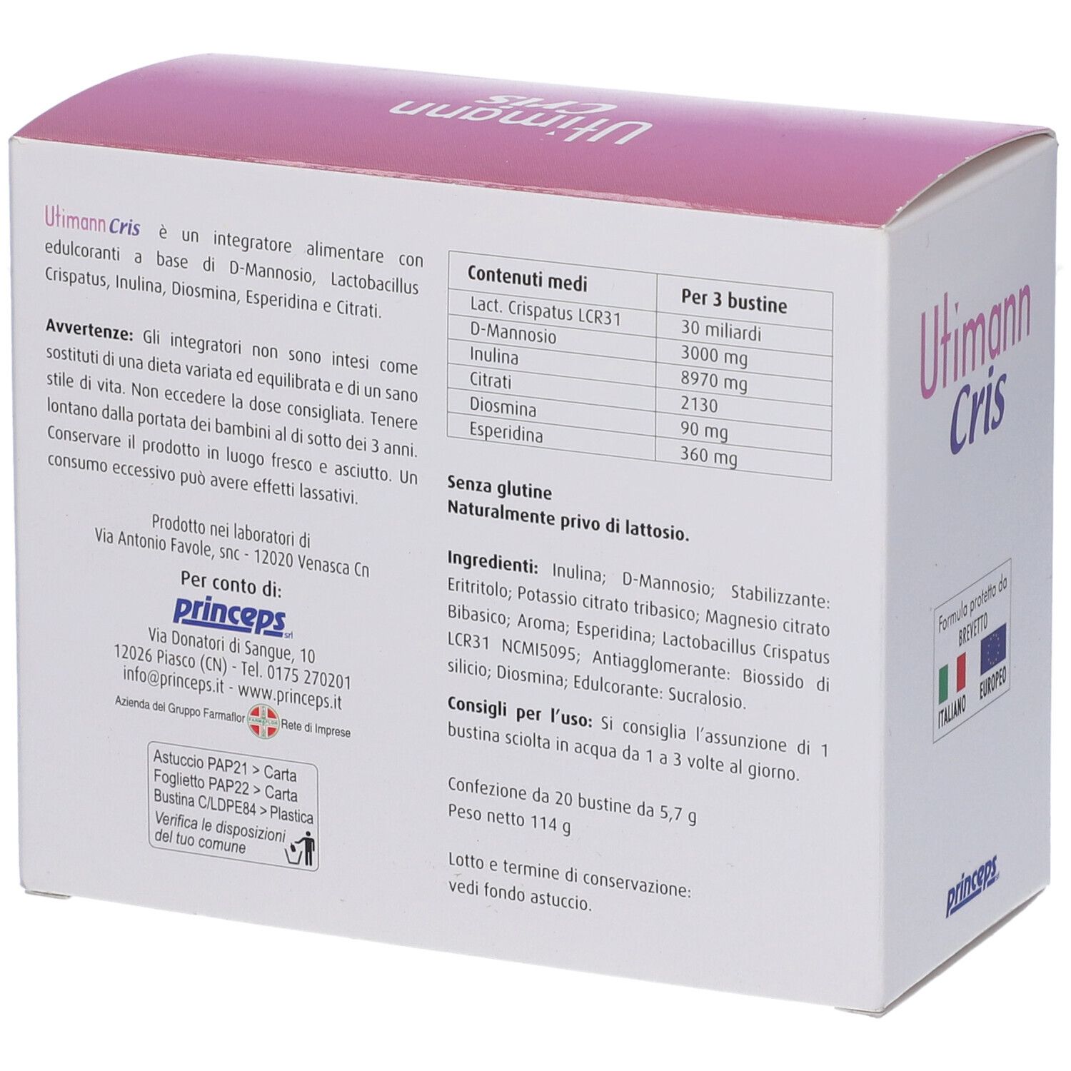 Retro della scatola Utimann Cris. Contiene ingredienti e informazioni nutrizionali. Testo in italiano.