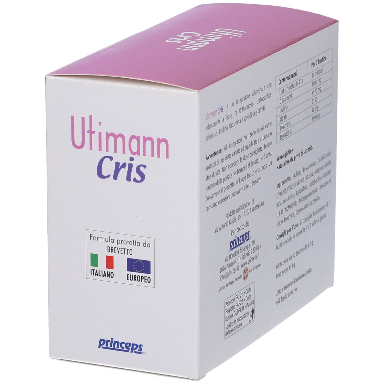 Scatola Utimann Cris, rosa e bianca. Logo brevetto italiano ed europeo. Marchio Princeps.